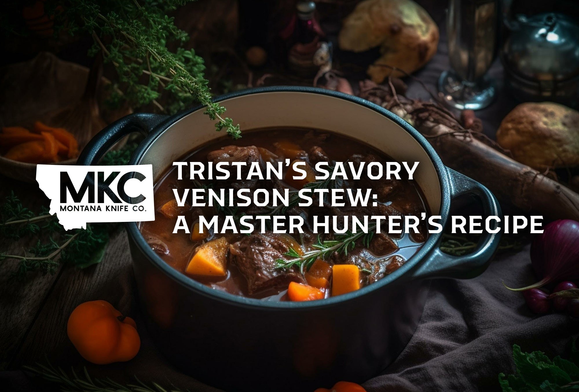 MKC employee Tristan’s savory venison stew recipe sits in a blue enameled pot among veggies and herbs.