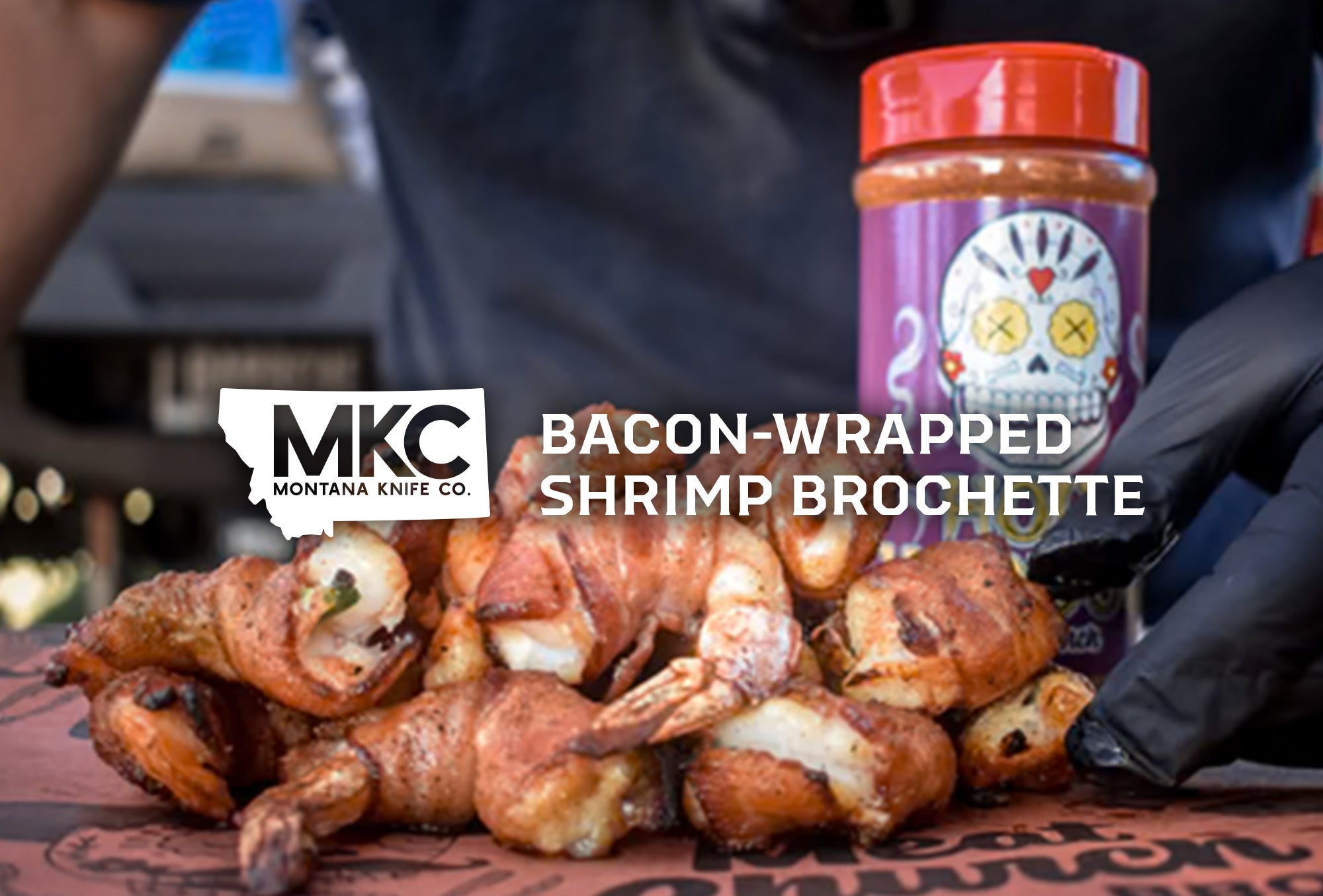 Bacon-wrapped shrimp brochette, stuffed with cheese and jalapeño, ready to serve.