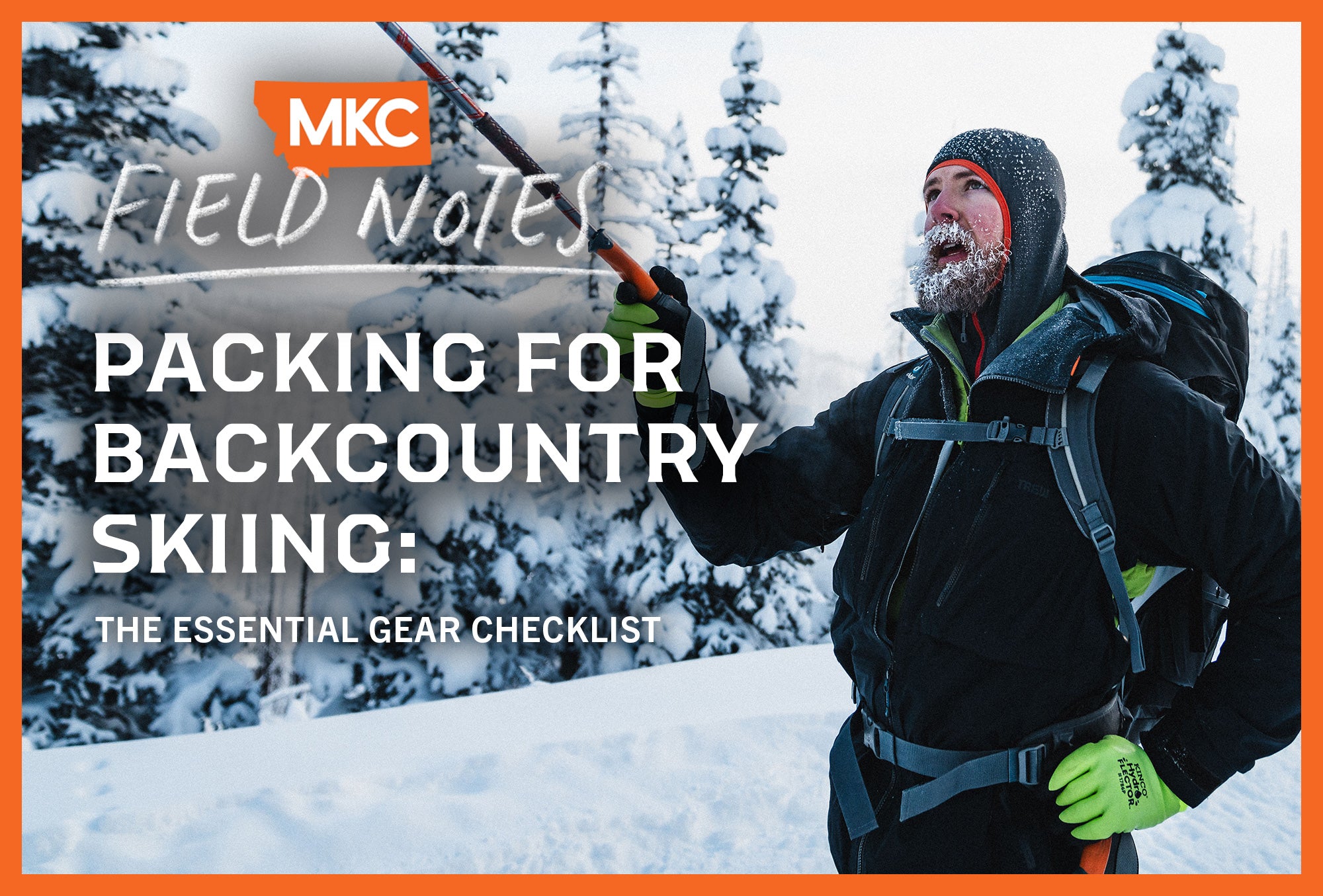 A skier with backcountry skiing gear gazes at a snowy landscape with text about gear checklist overlay.