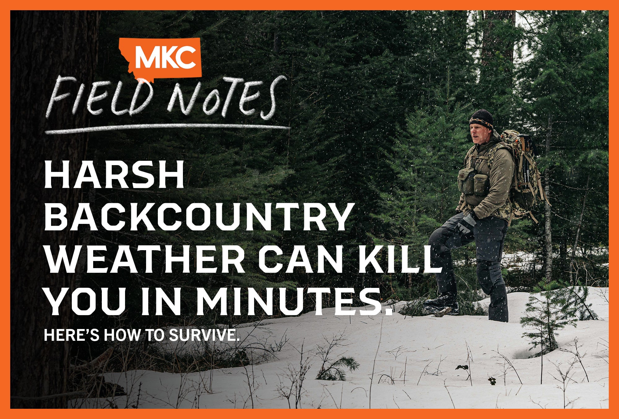 Man in snowy forest with backpack and gear.