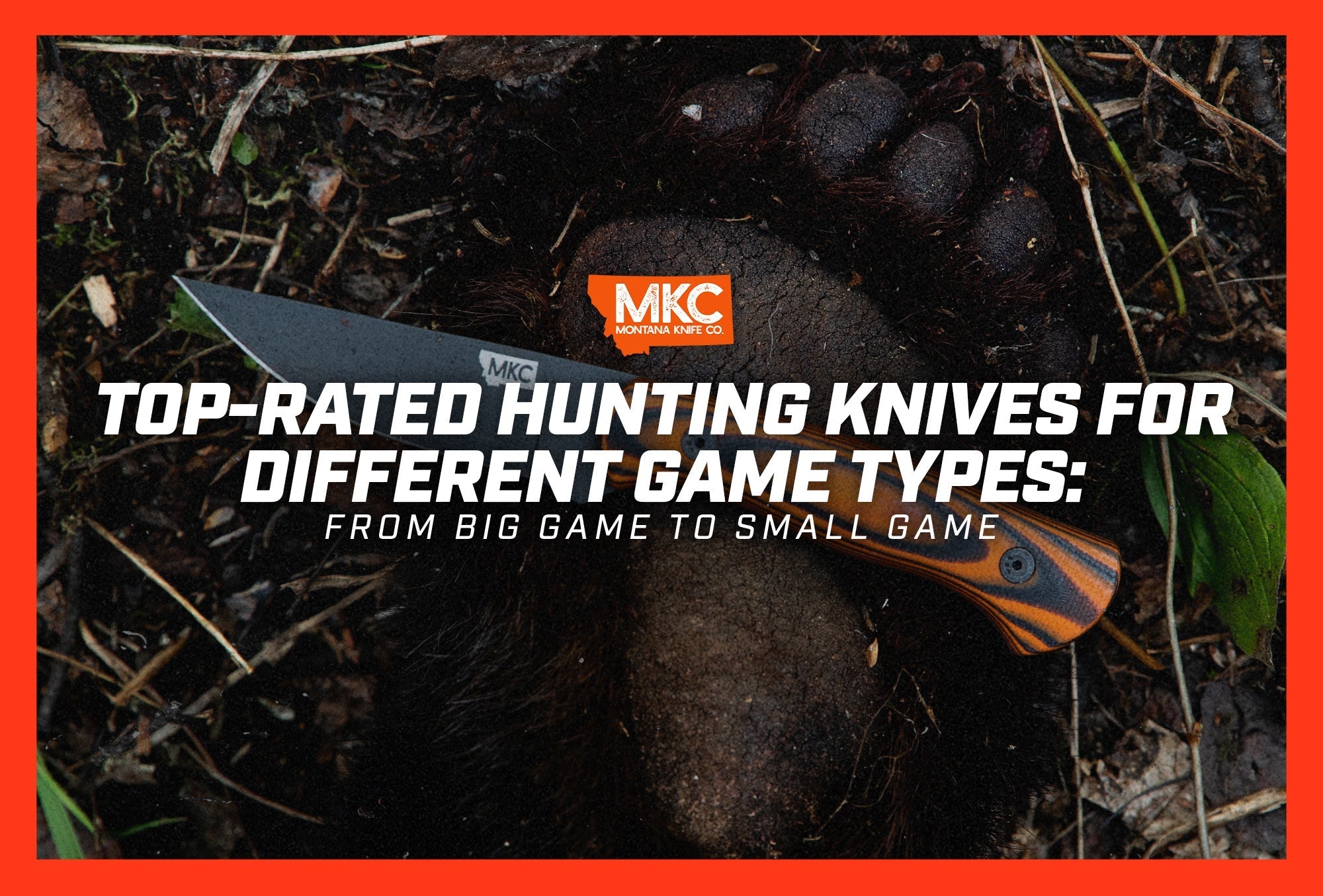 MKC hunting knife resting in a large animal footprint, illustrating a top-rated hunting knife designed for big game.