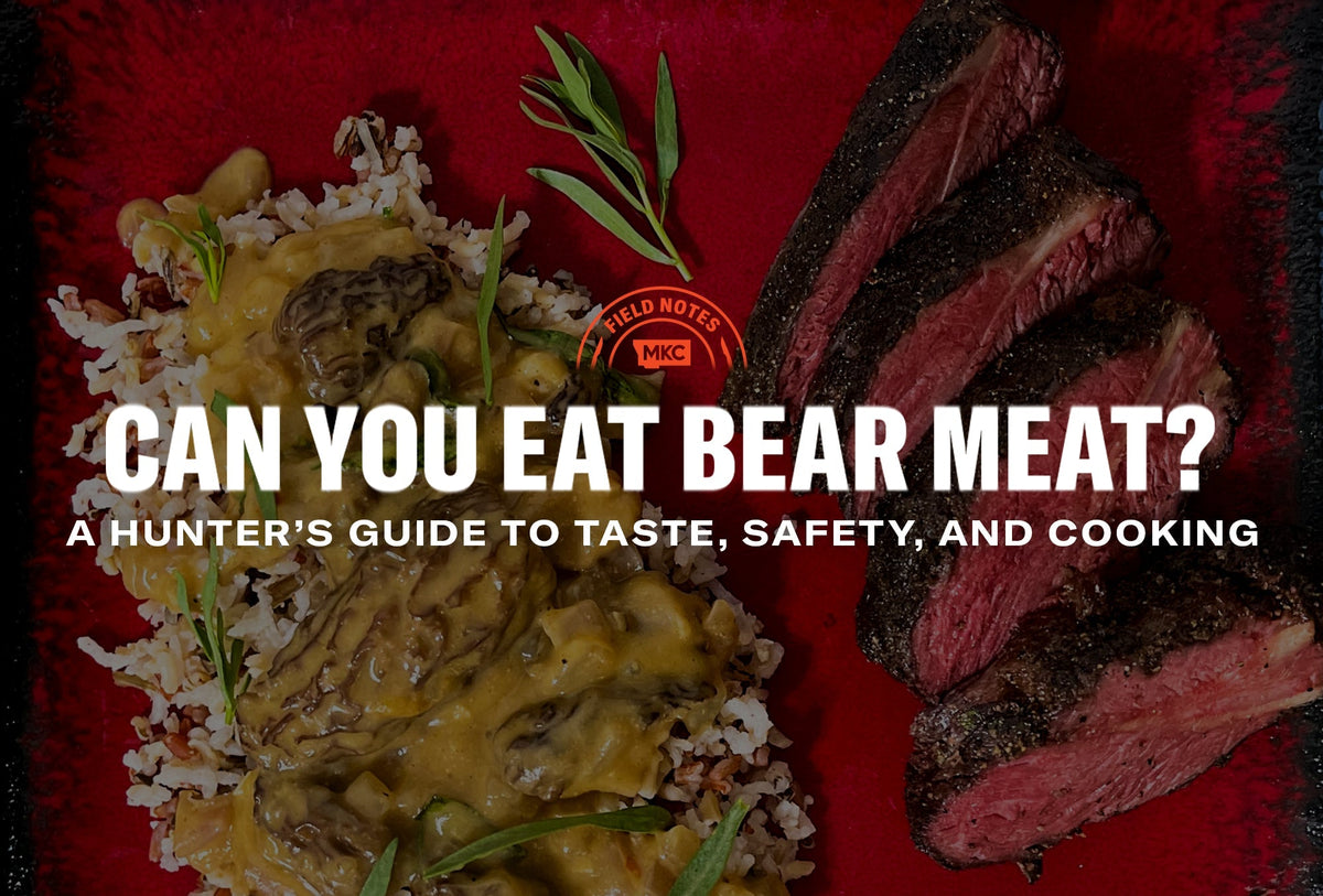 Plate with sliced cooked bear meat and rice topped with creamy mushroom sauce, shown with text about eating bear meat.