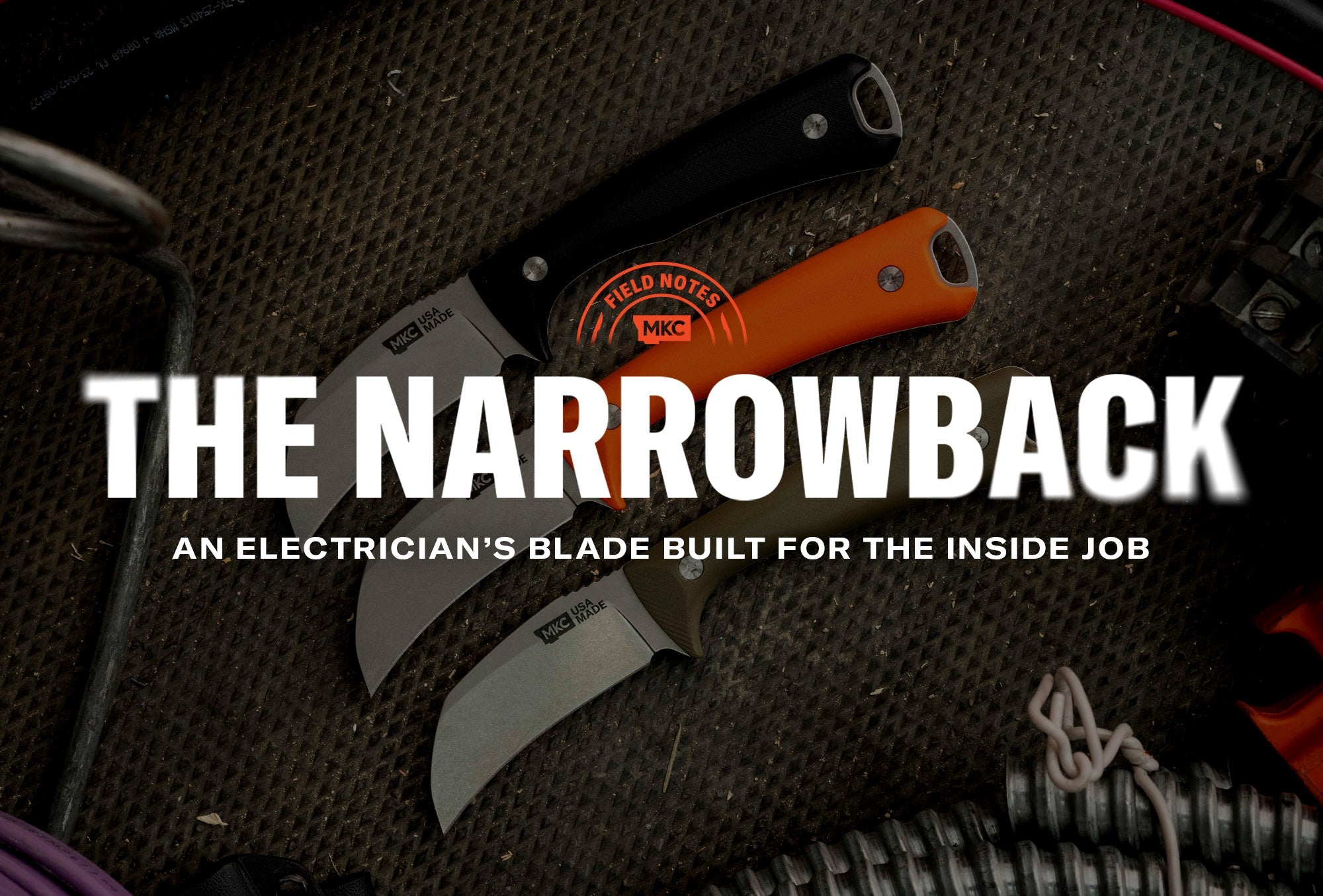 Three MKC knives with curved blades and colored handles laid out among electrical cables and tools.