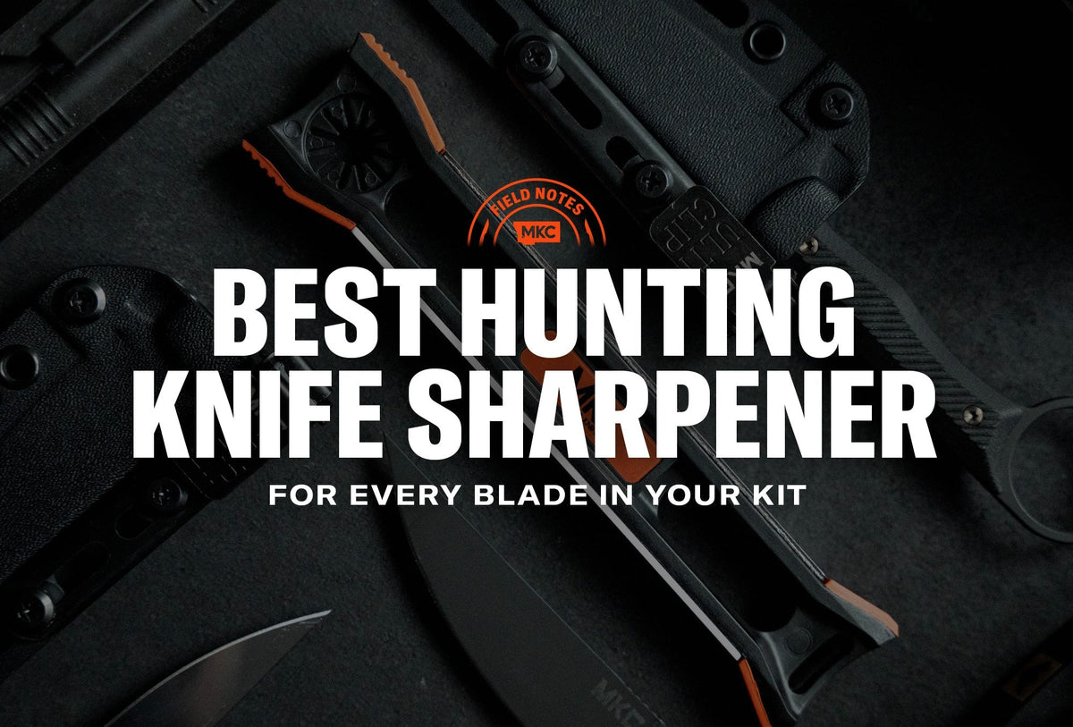 Hunting knives and a sharpener arranged on a dark surface with text about the best hunting knife sharpener.