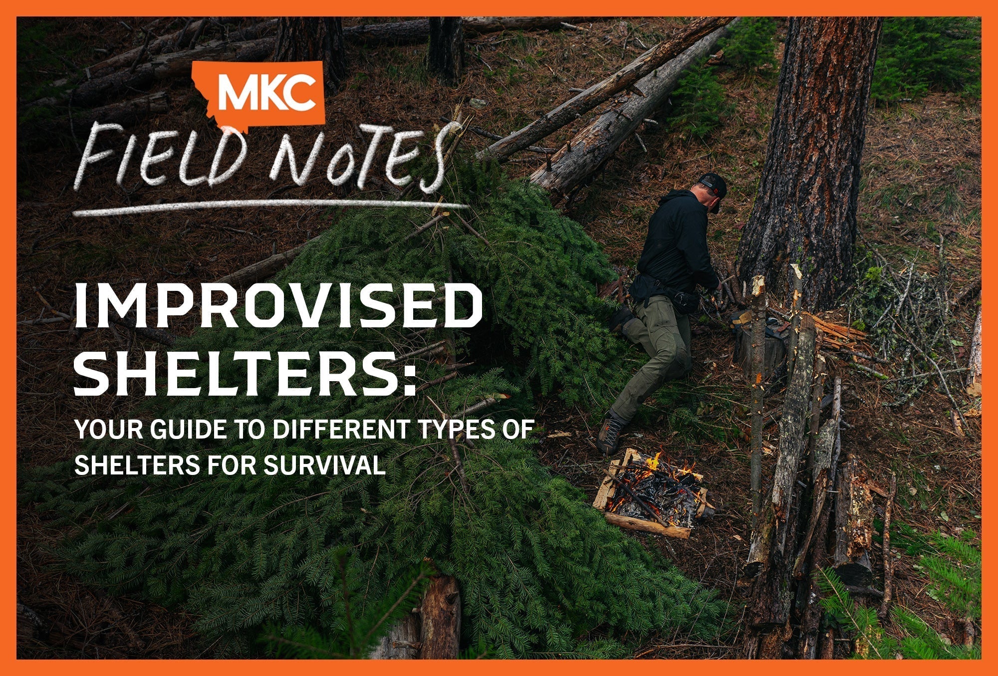 John Barklow building improvised shelter with tree branches in forest, with firewood and small campfire nearby.