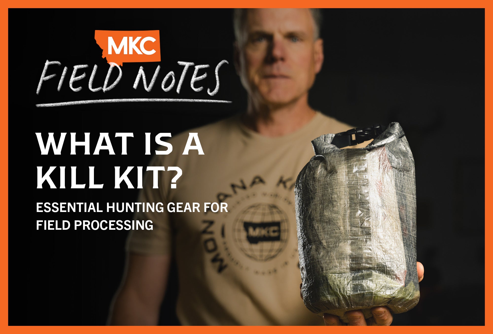 Man in a Montana Knife Company shirt holding a game bag, ready for backcountry field dressing and game processing.