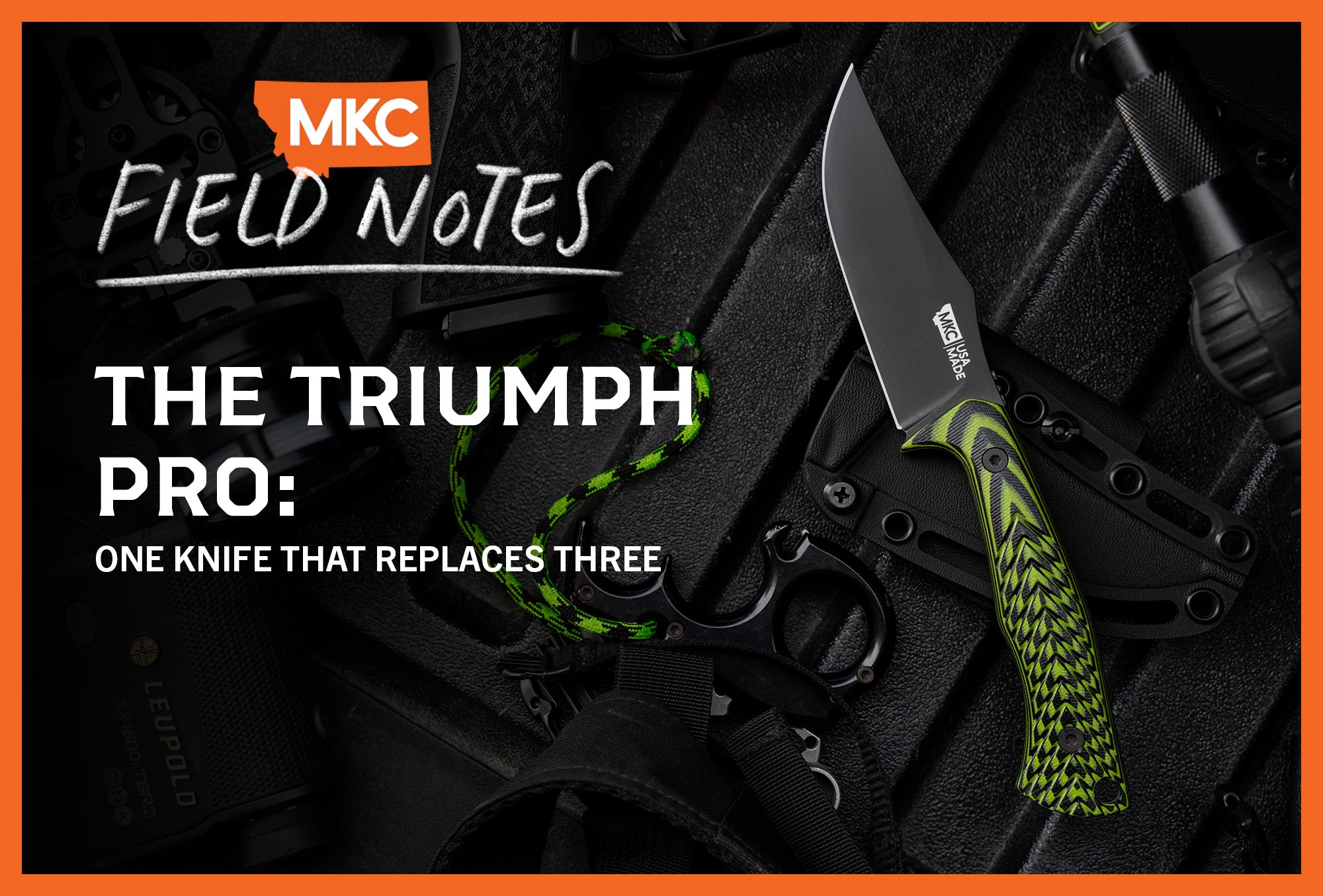 Black and green Triumph Pro knife with multiple tools on black fabric background.
