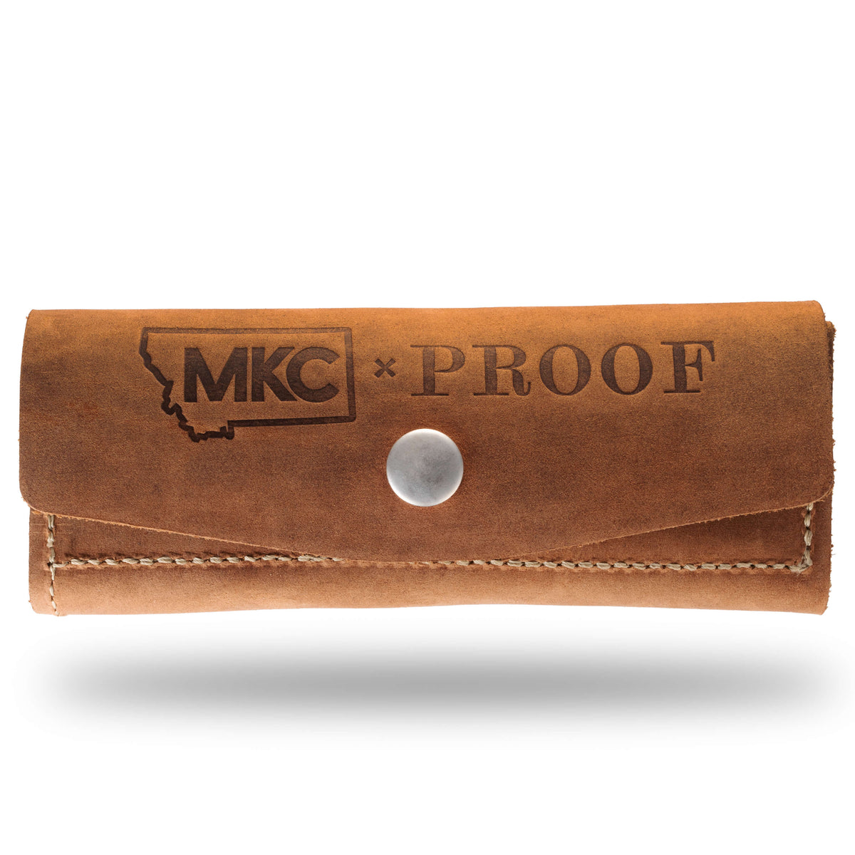 Brown leather sheath for the MKC X PROOF EDC Razor 2.0, featuring embossed branding and a snap closure.