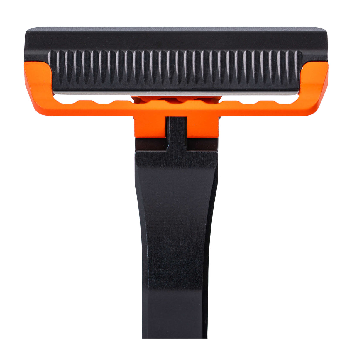 Close-up of the MKC X PROOF EDC Razor 2.0, featuring a sleek black handle and textured orange grip for enhanced control.