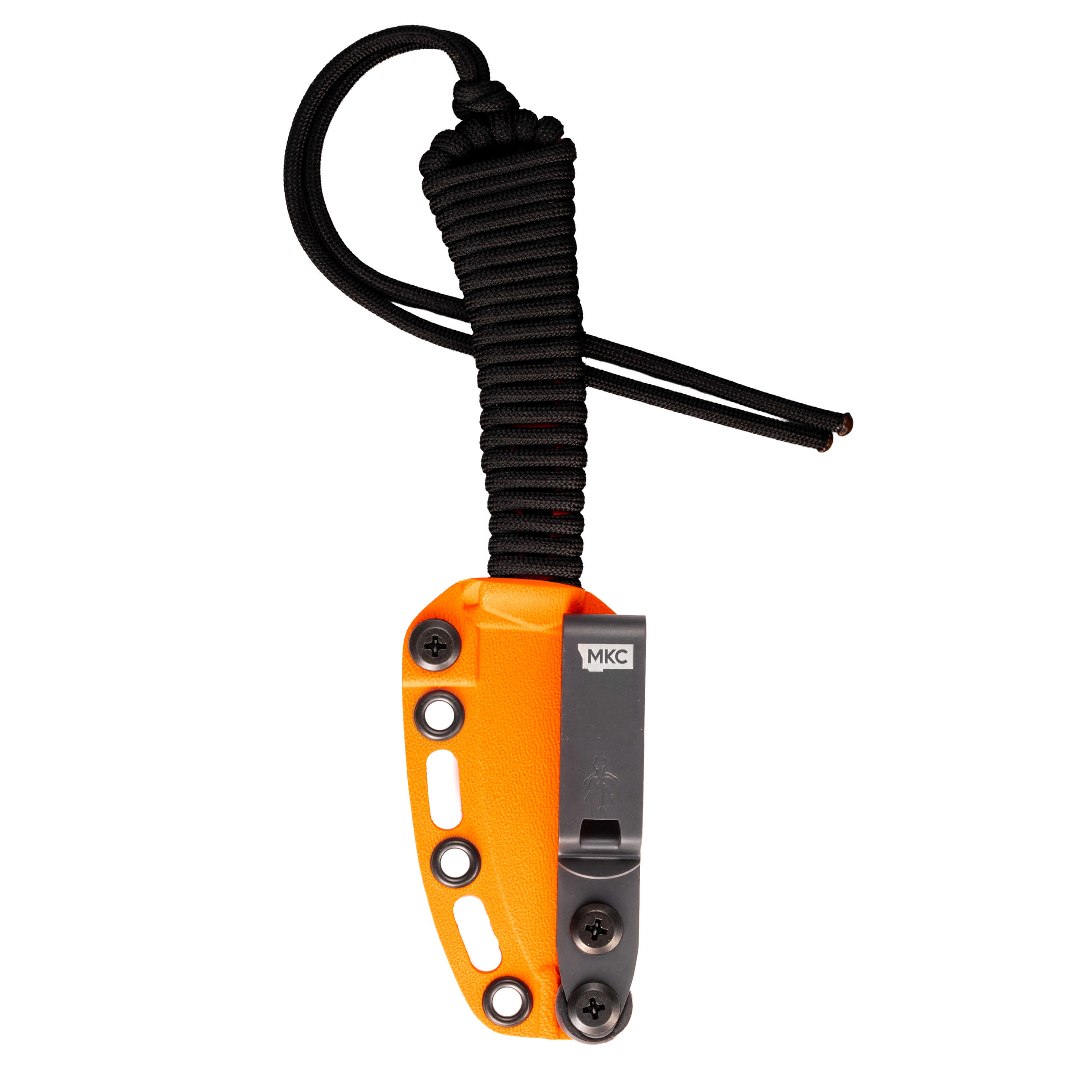 Mini Speedgoat 2.0 knife in blaze orange Cerakote finish with a paracord lanyard, designed for outdoor and tactical use.