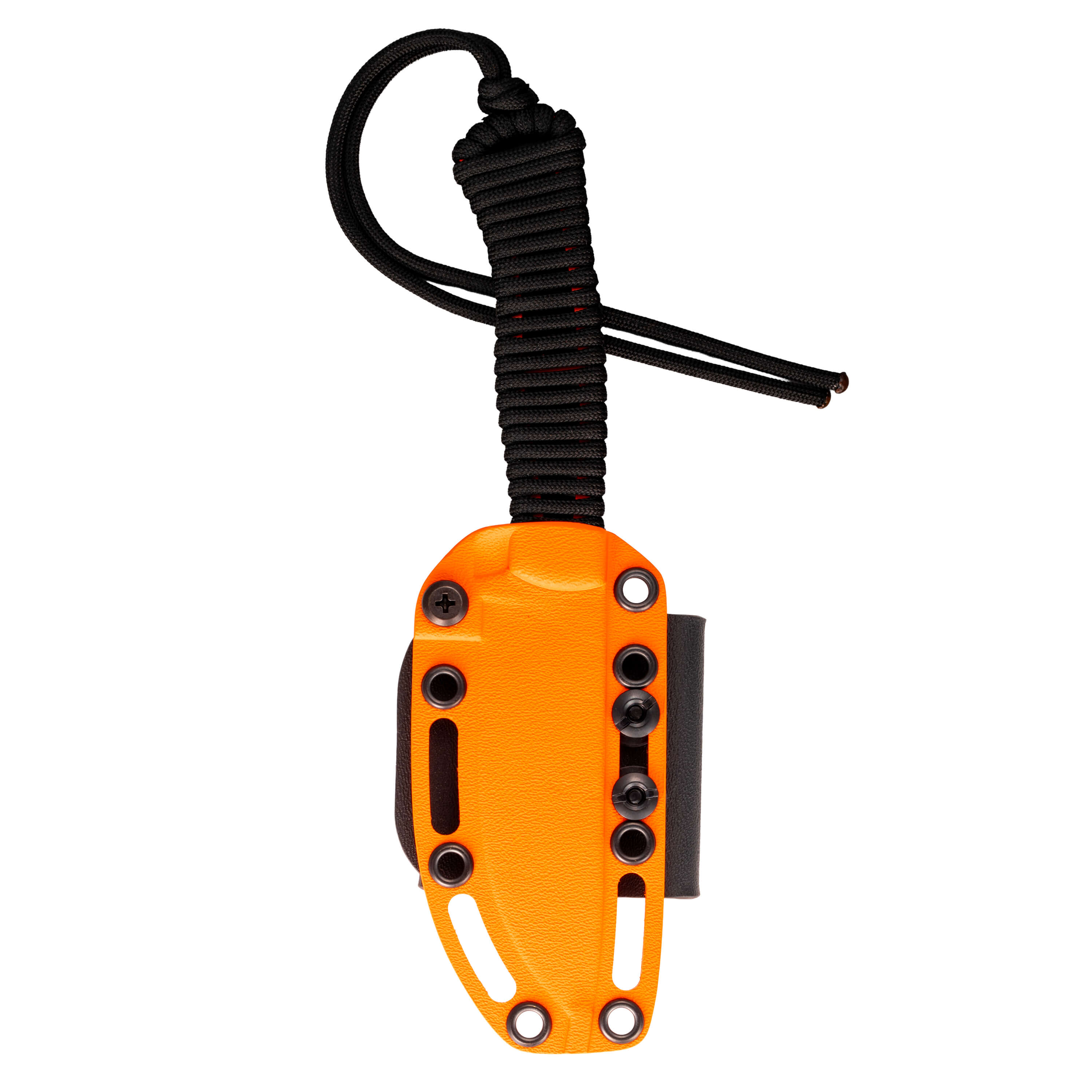 Blaze orange Cerakote knife sheath with paracord handle, designed for durability and outdoor use. Ideal for hunters.
