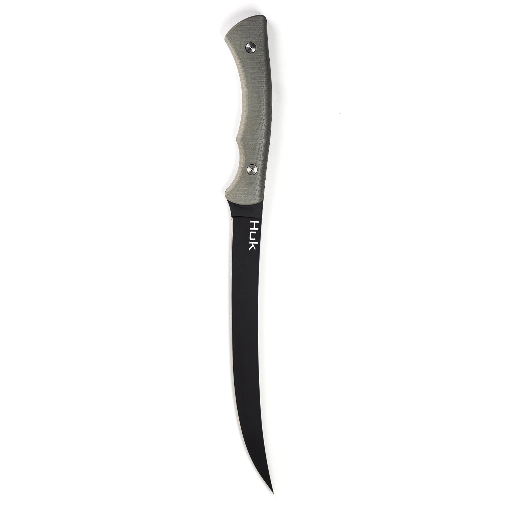 HUK Flathead Fillet knife with a curved black blade and ergonomic gray handle, designed for precise fish filleting.