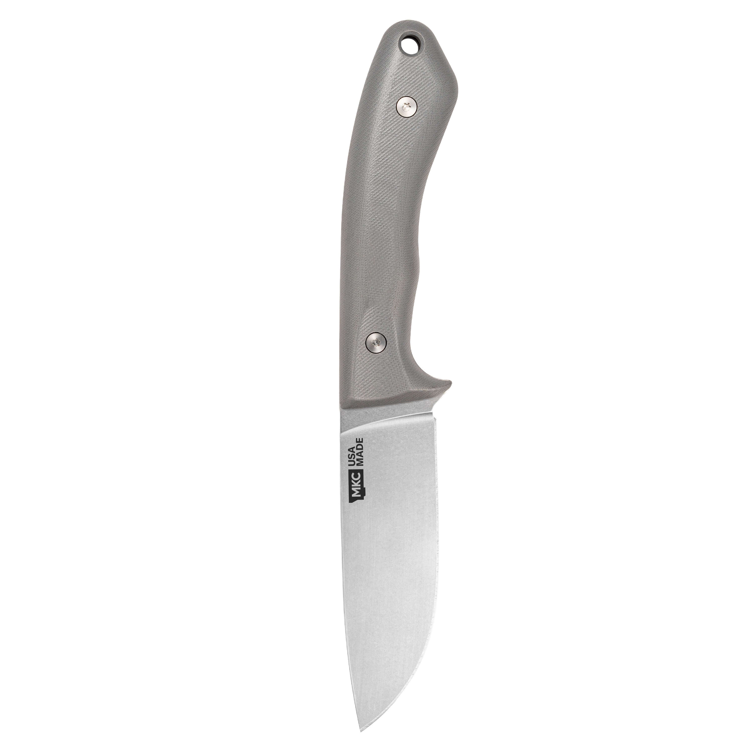 MKC Mule Deer Knife in grey with a durable handle and a sharp, curved blade designed for hunting and outdoor tasks.