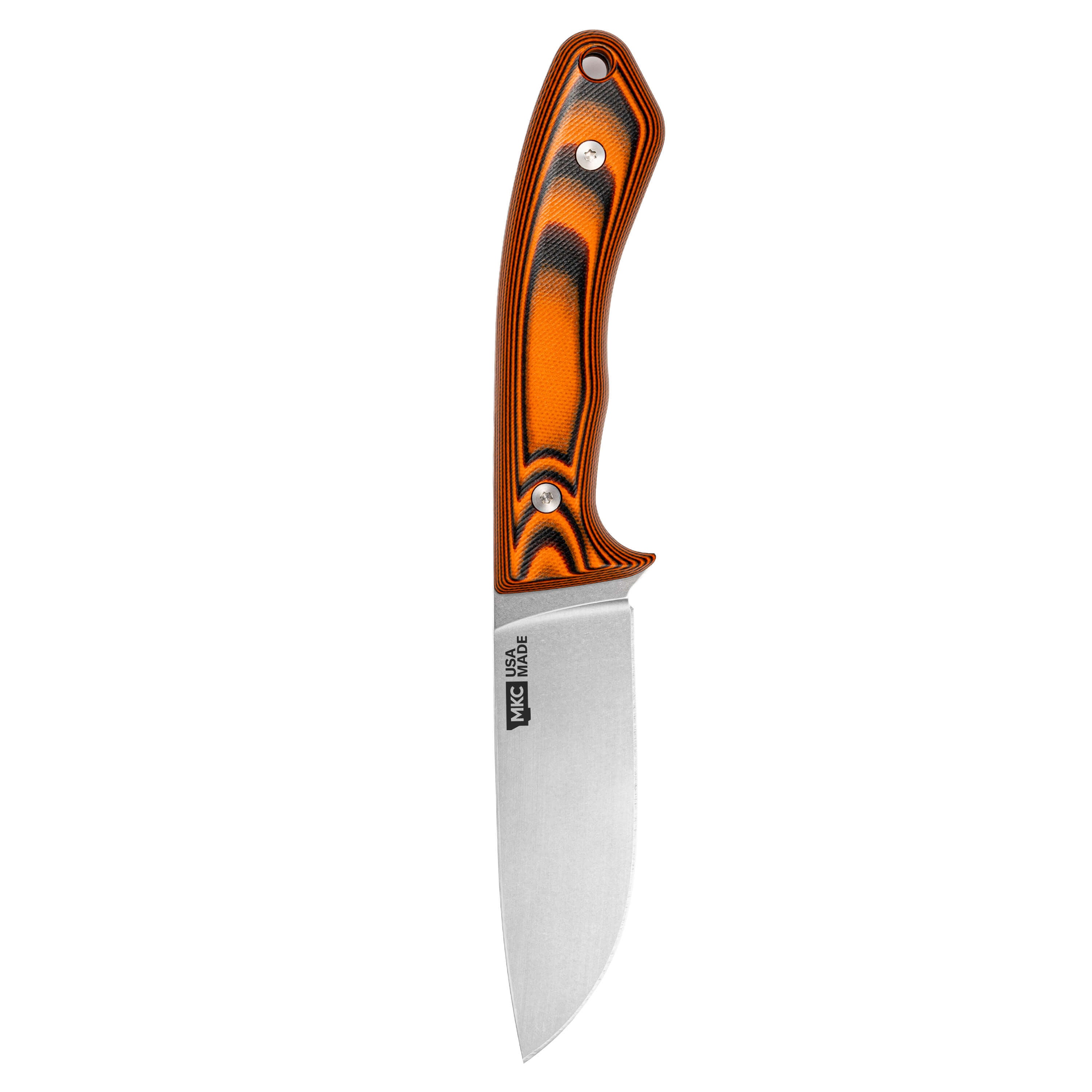 MKC Mule Deer Knife in orange and black, featuring a durable blade and ergonomic handle, ideal for hunting and outdoor use.