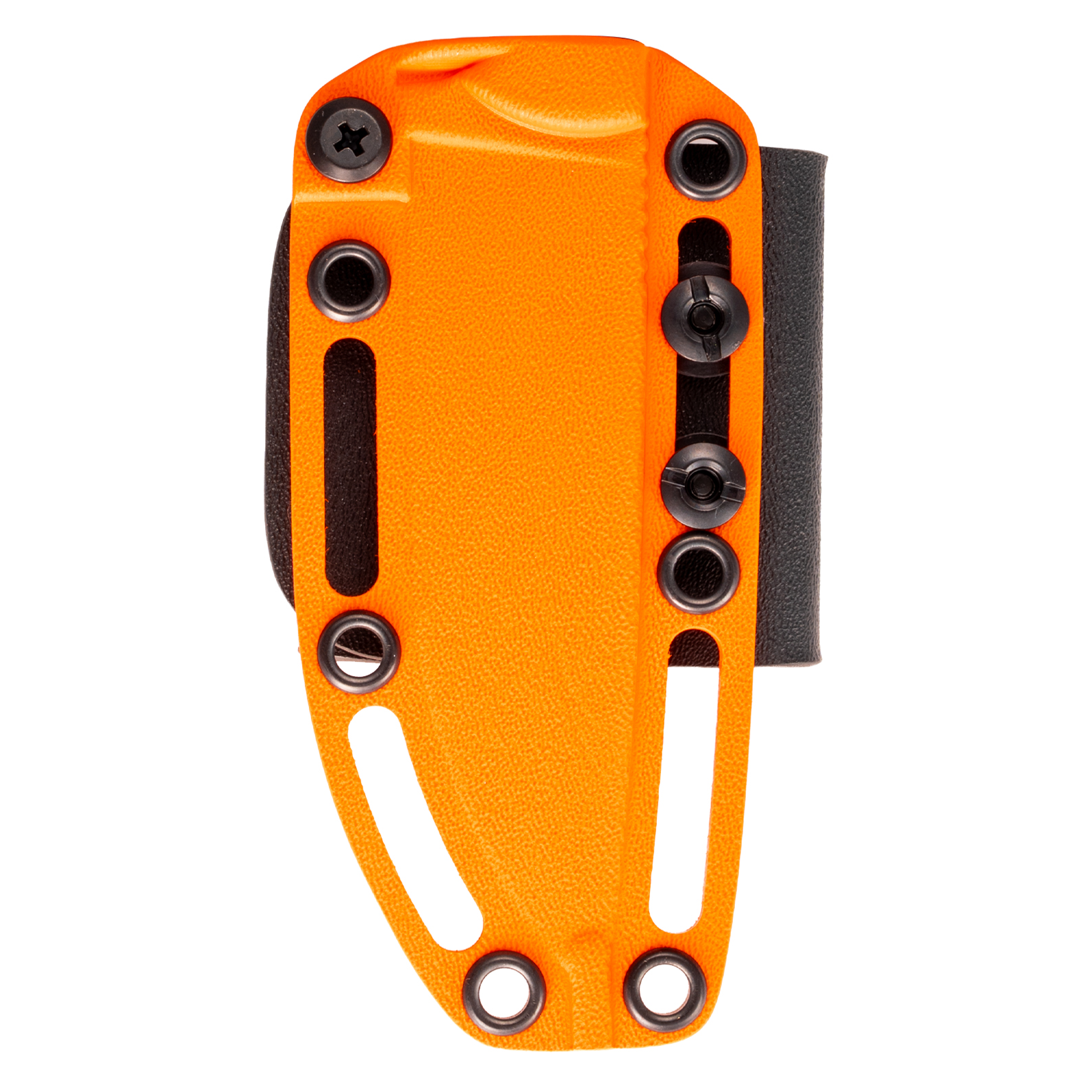 Bright orange Kydex sheath designed for the Whitetail knife, featuring multiple attachment points for secure carry.