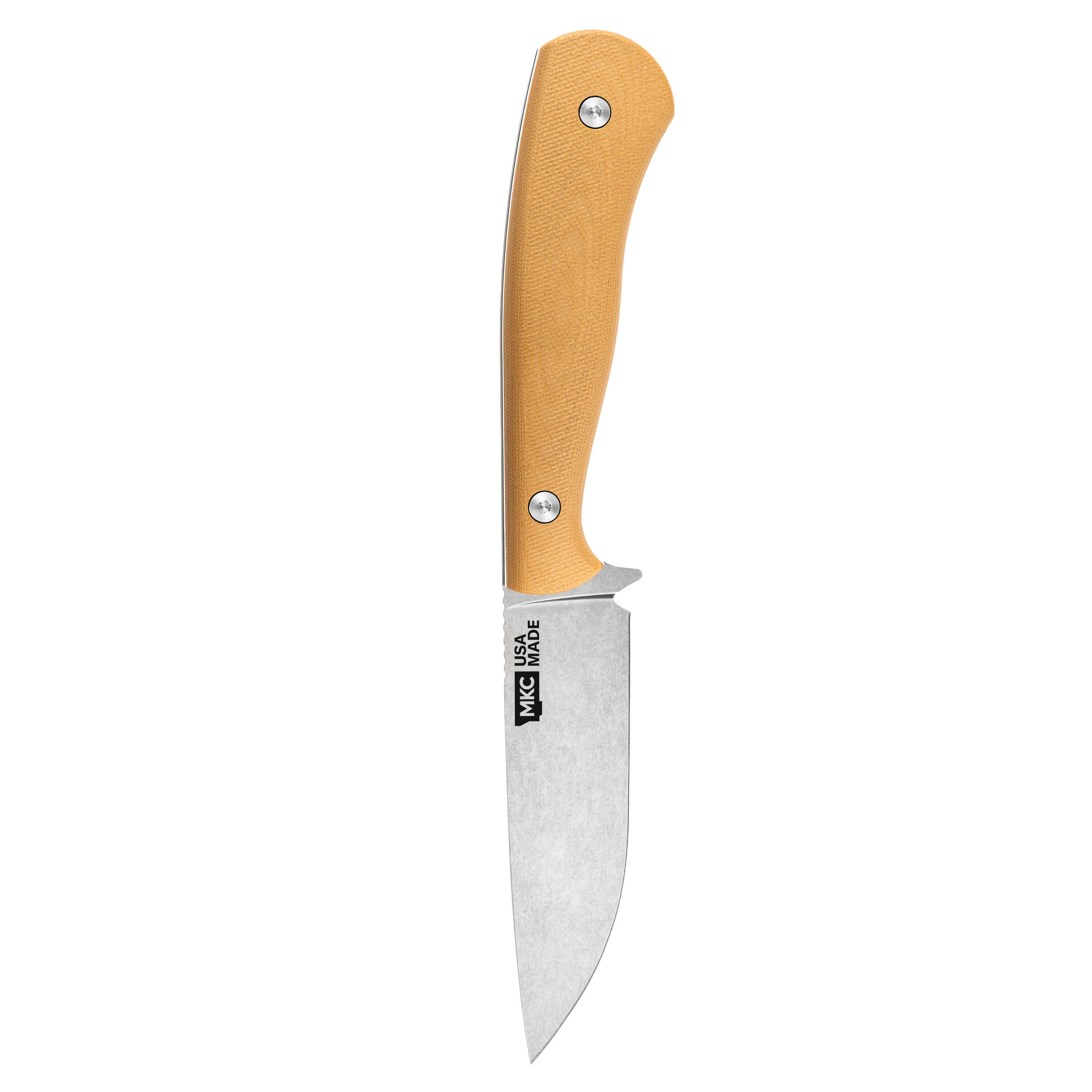 MKC Whitetail Buck Skin knife featuring a sleek blade and ergonomic tan handle, designed for hunting and outdoor use.