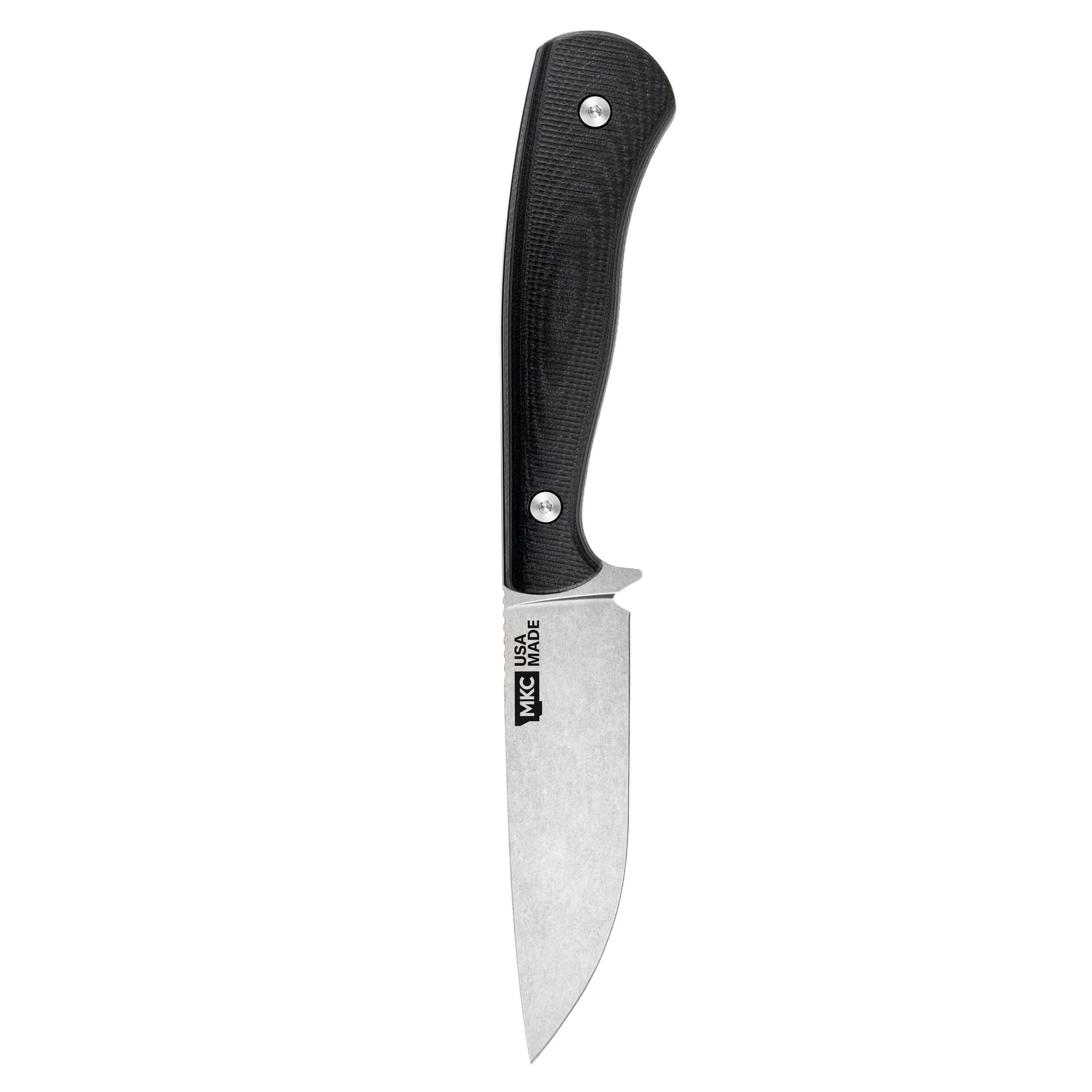 MKC Whitetail knife in black with a sleek handle and a sharp stainless steel blade, designed for hunting and outdoor use.