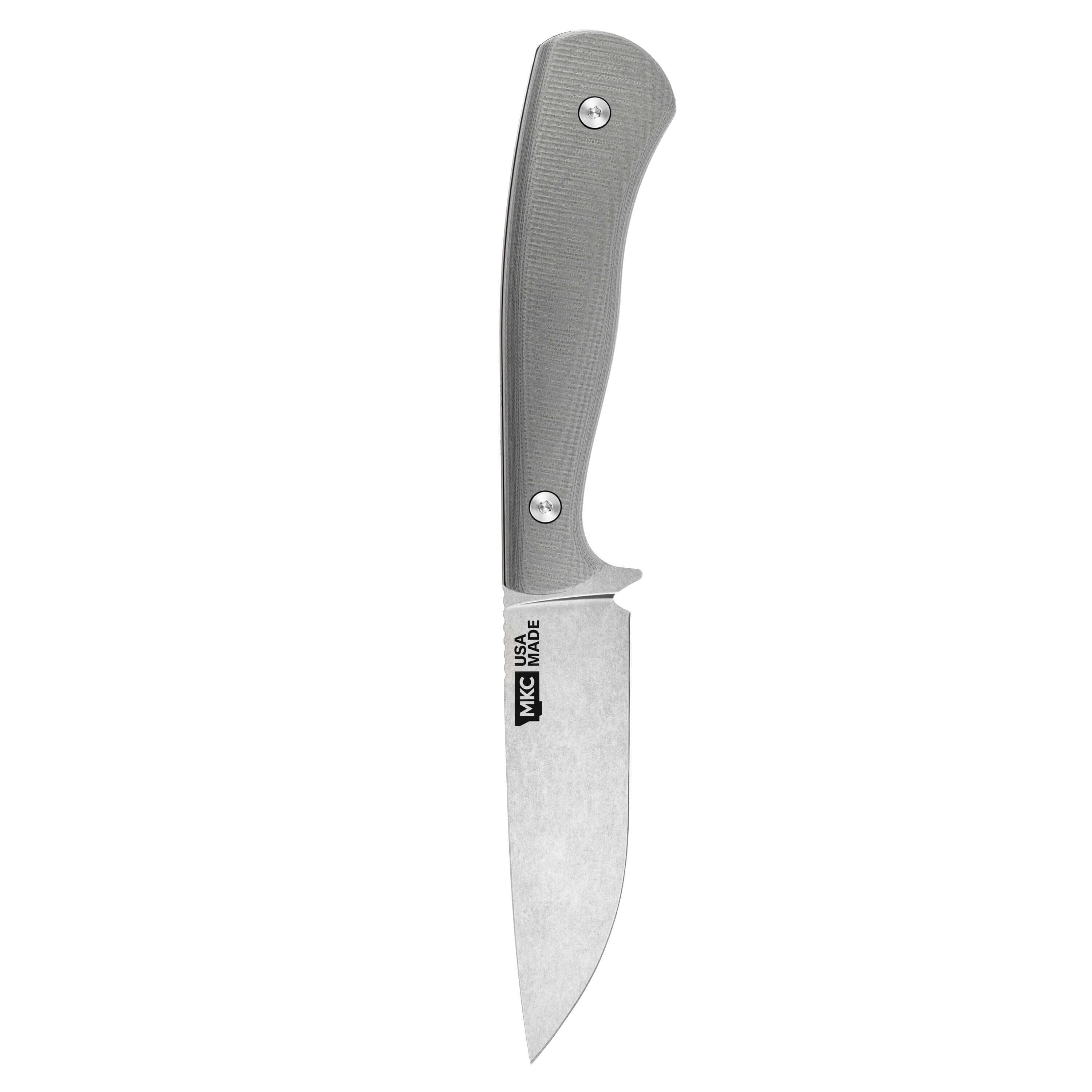 MKC Whitetail knife in grey with a sleek design, featuring a stainless steel blade and textured handle for grip.