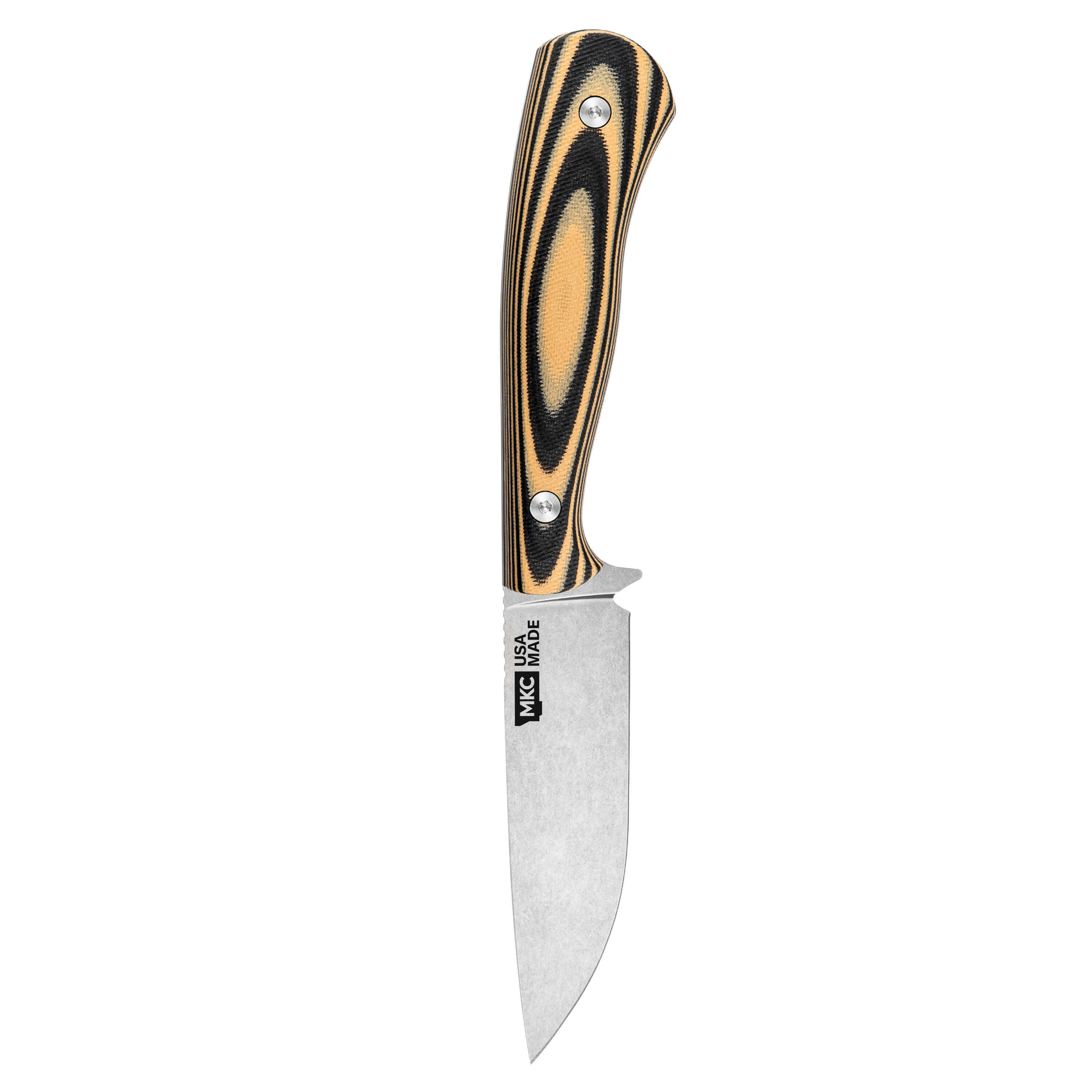 MKC Whitetail knife in tan and black with a sleek blade and ergonomic handle, designed for outdoor and hunting use.