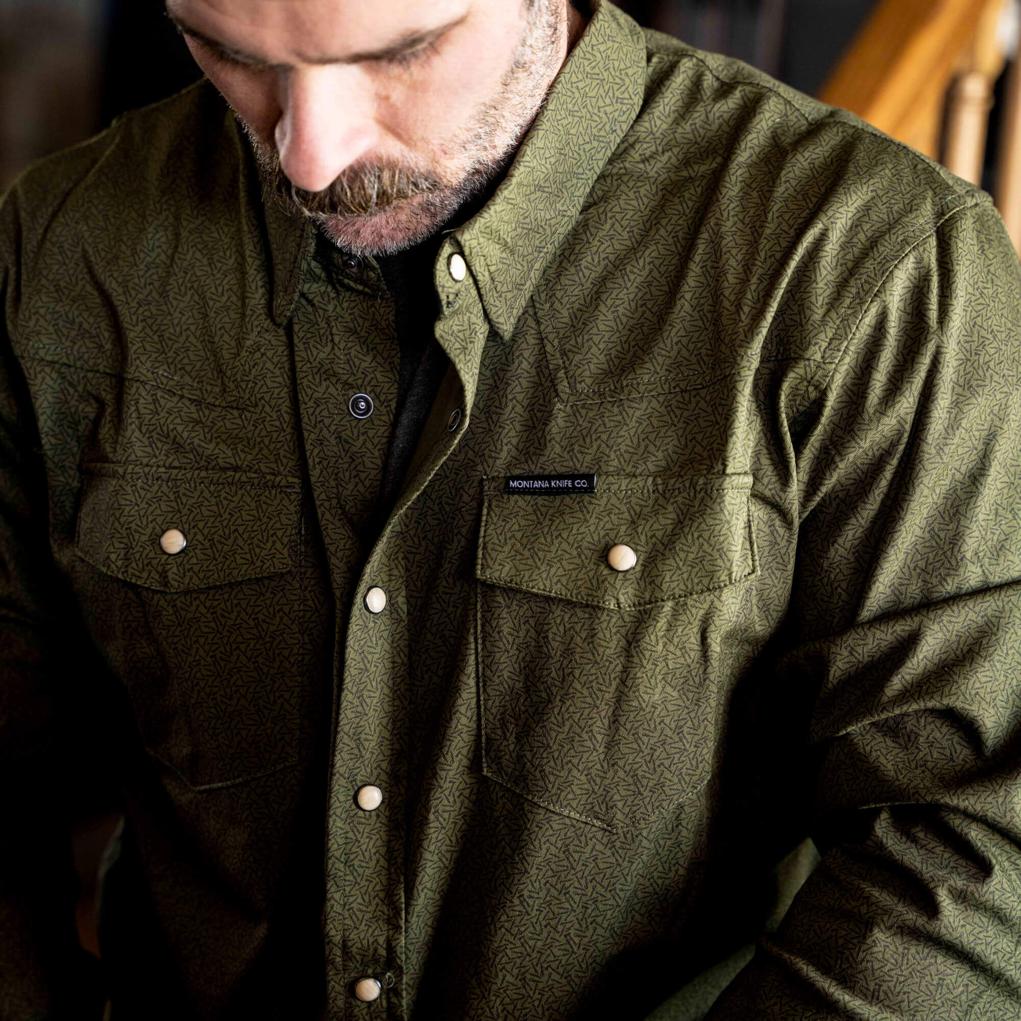 Main Street Pearl Snap Long Sleeve - Olive Knife Print