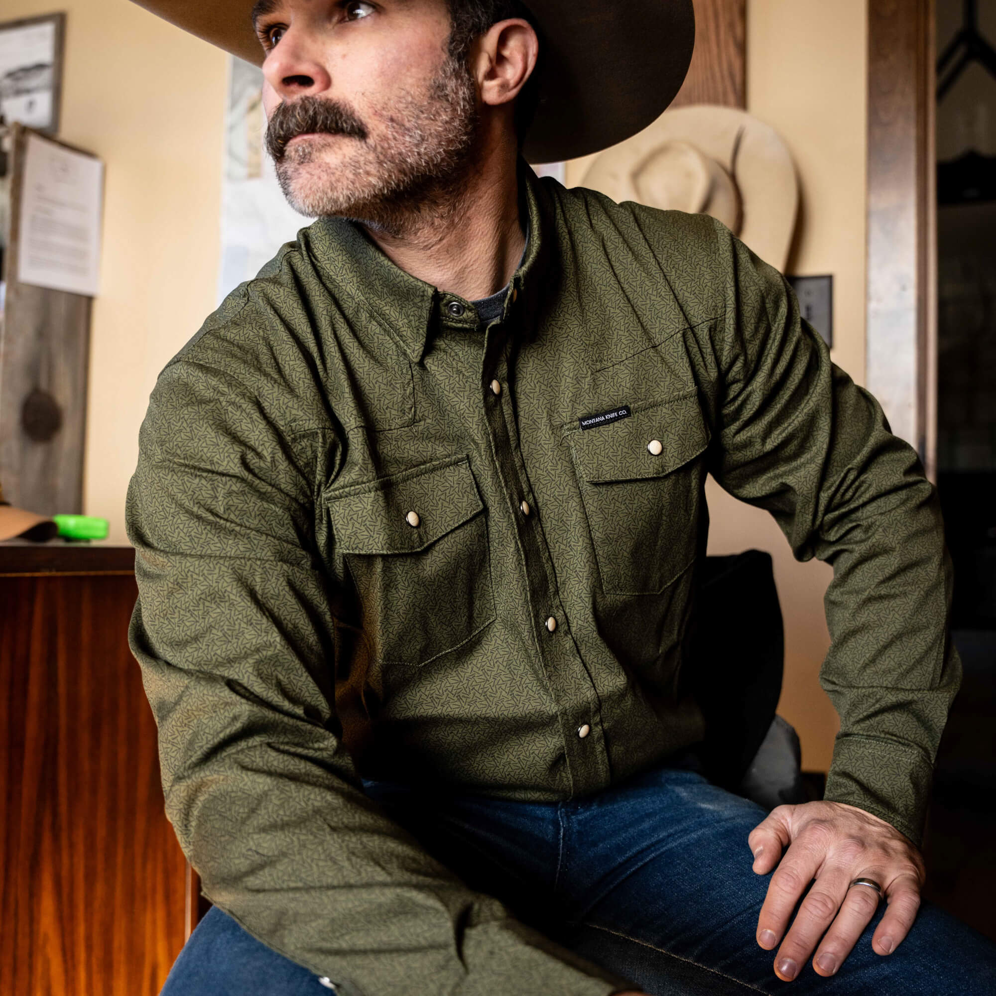 Main Street Pearl Snap Long Sleeve - Olive Knife Print