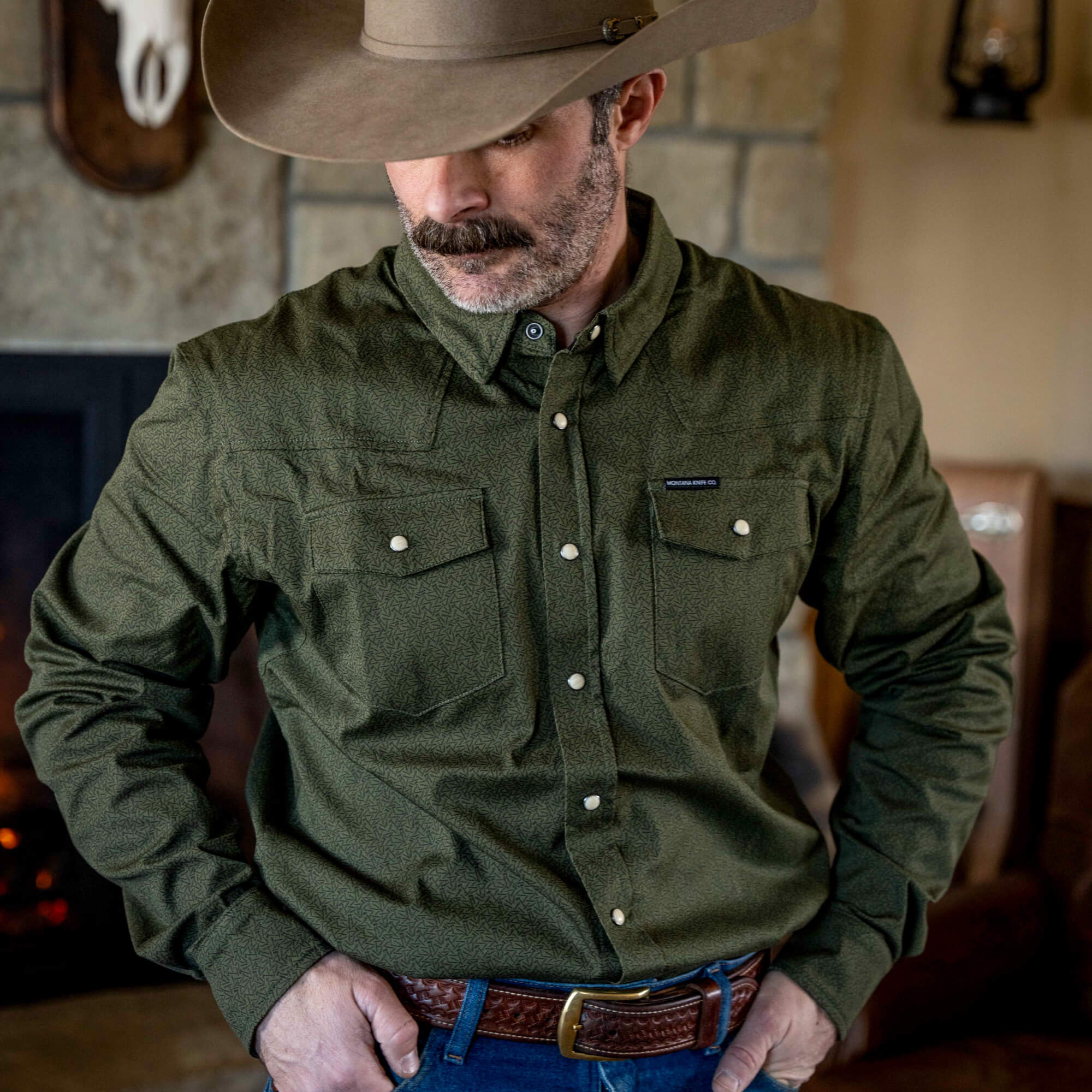 Main Street Pearl Snap Long Sleeve - Olive Knife Print