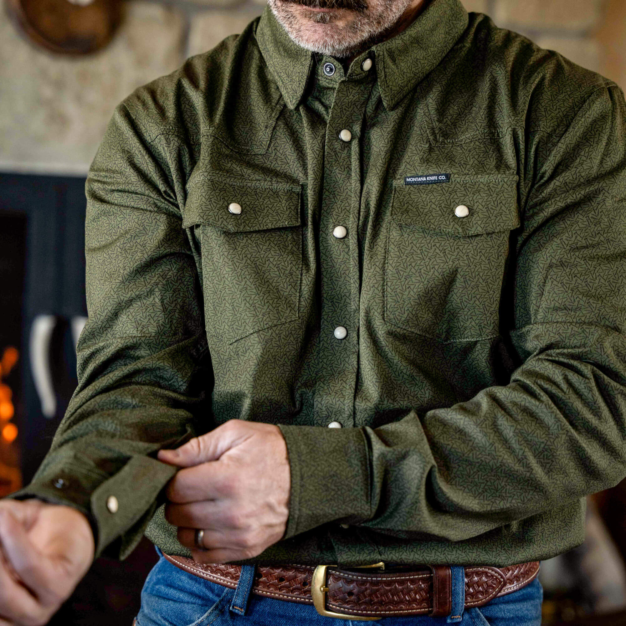 Main Street Pearl Snap Long Sleeve - Olive Knife Print