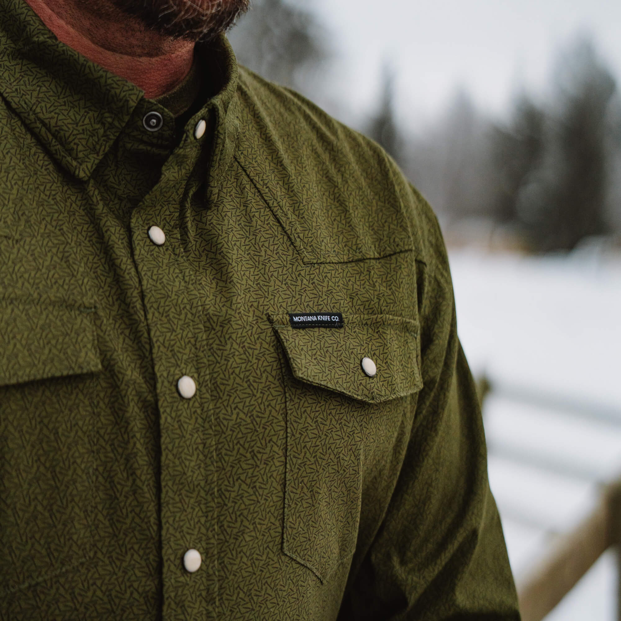 Main Street Pearl Snap Long Sleeve - Olive Knife Print