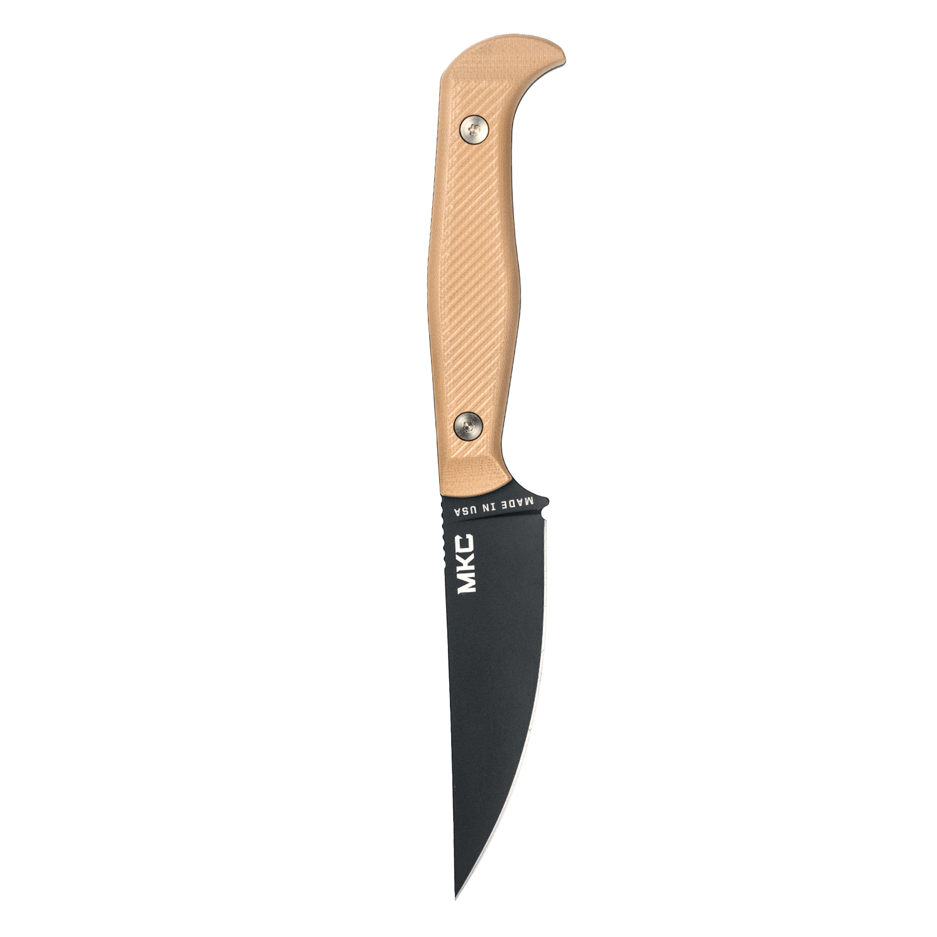 Alt text: "MKC Battle Goat tactical knife with a curved black blade and a textured coyote tan handle."