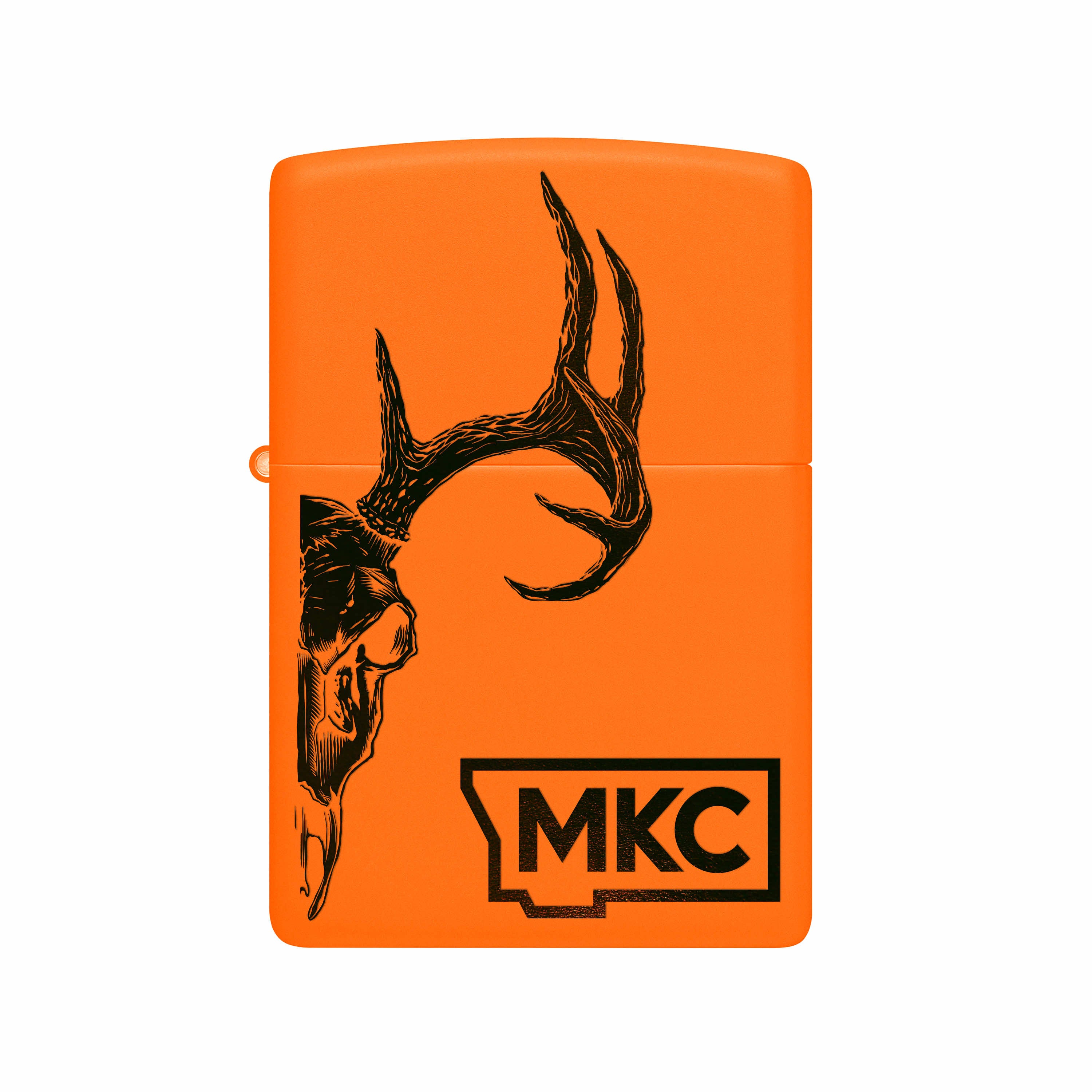 Limited edition blaze orange Zippo lighter featuring an antler design and MKC logo, made in the USA.