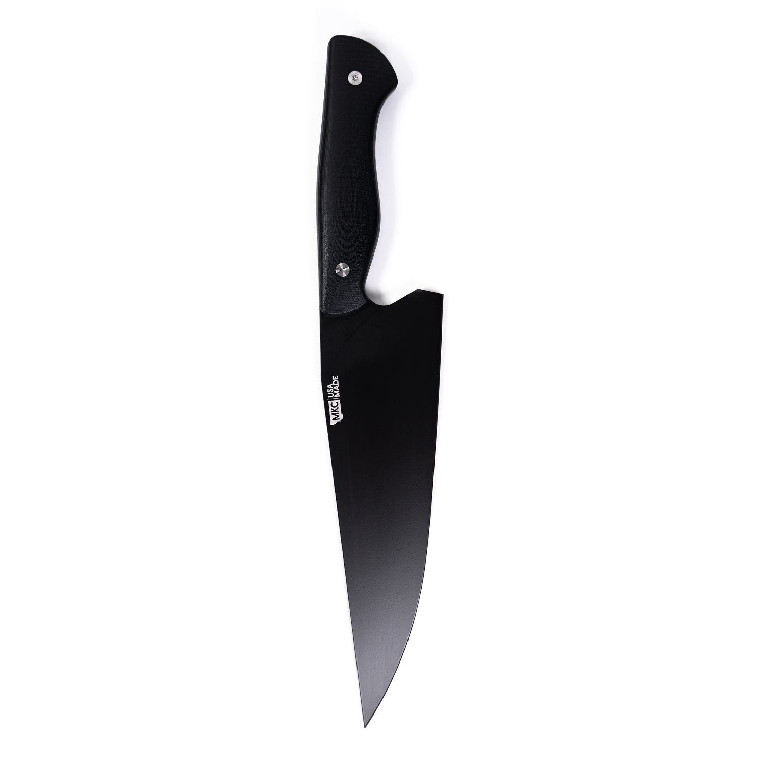 Alt Text: "Bighorn Chef black chef's knife featuring a sleek, wide blade and an ergonomic black handle, isolated on a white background."