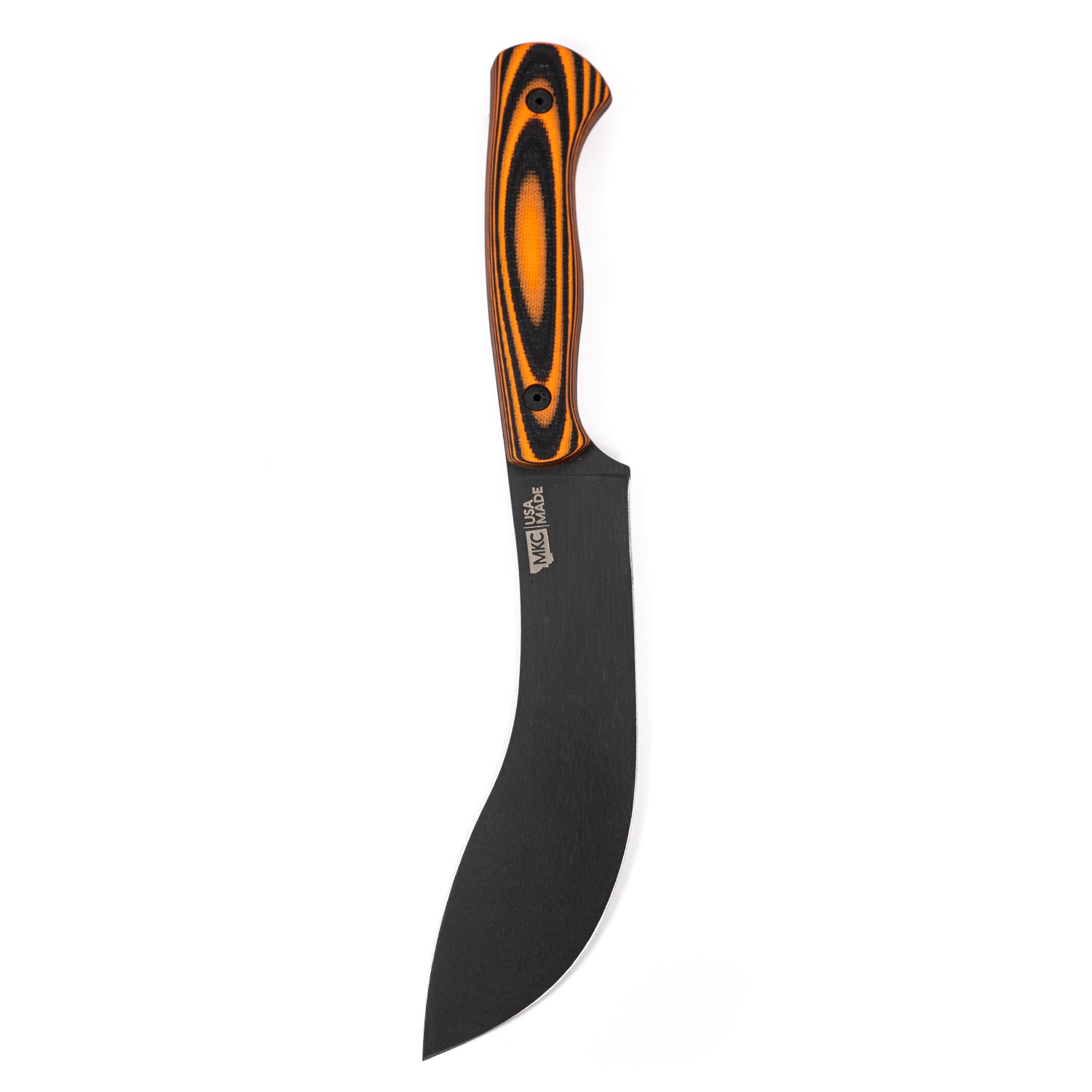 Alt text: "Beartooth Pro Skinning Blade with a curved black blade and a vibrant orange and black handle, isolated on a white background."