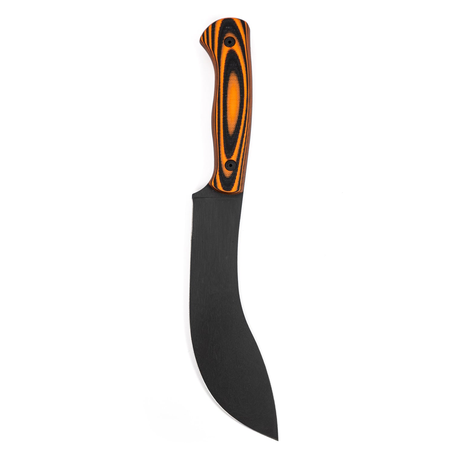 Alt text: "Beartooth Pro Skinning Blade with a curved black blade and orange and black striped handle, isolated on a white background."