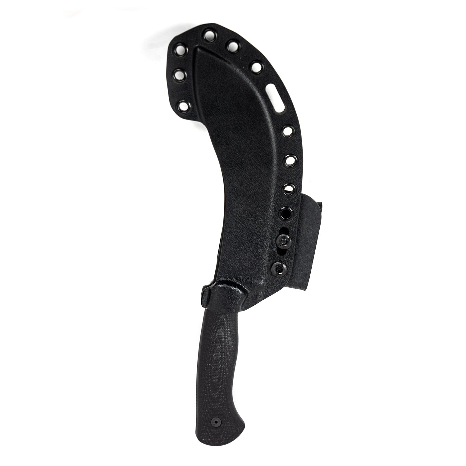 Alt text: "Beartooth Pro Skinning Blade in black with a textured handle and protective sheath, featuring multiple rivets for secure attachment, displayed on a white background."