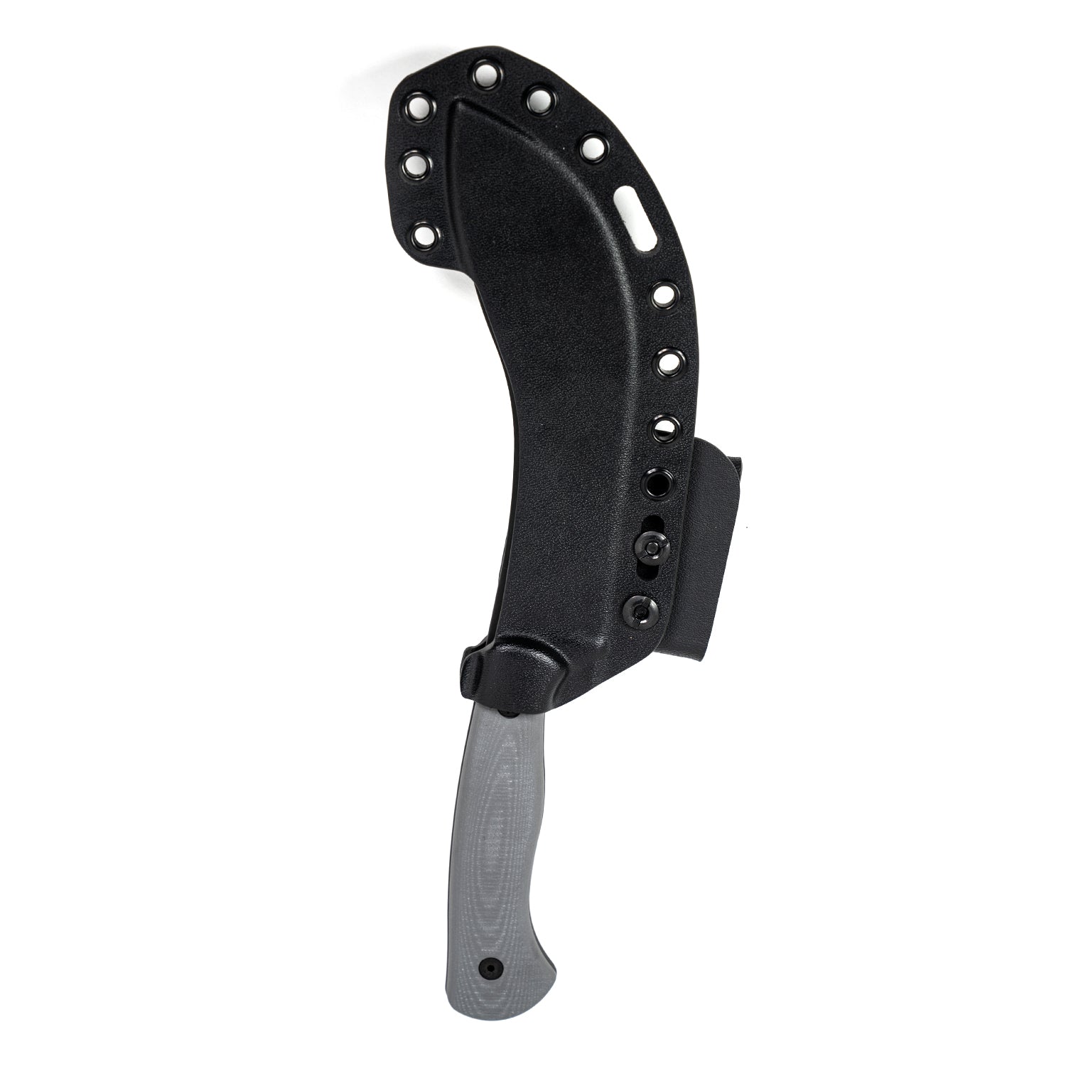 Alt text: "Beartooth Pro Skinning Blade in grey with a curved ergonomic handle and a black sheath featuring multiple rivets, displayed against a white background."