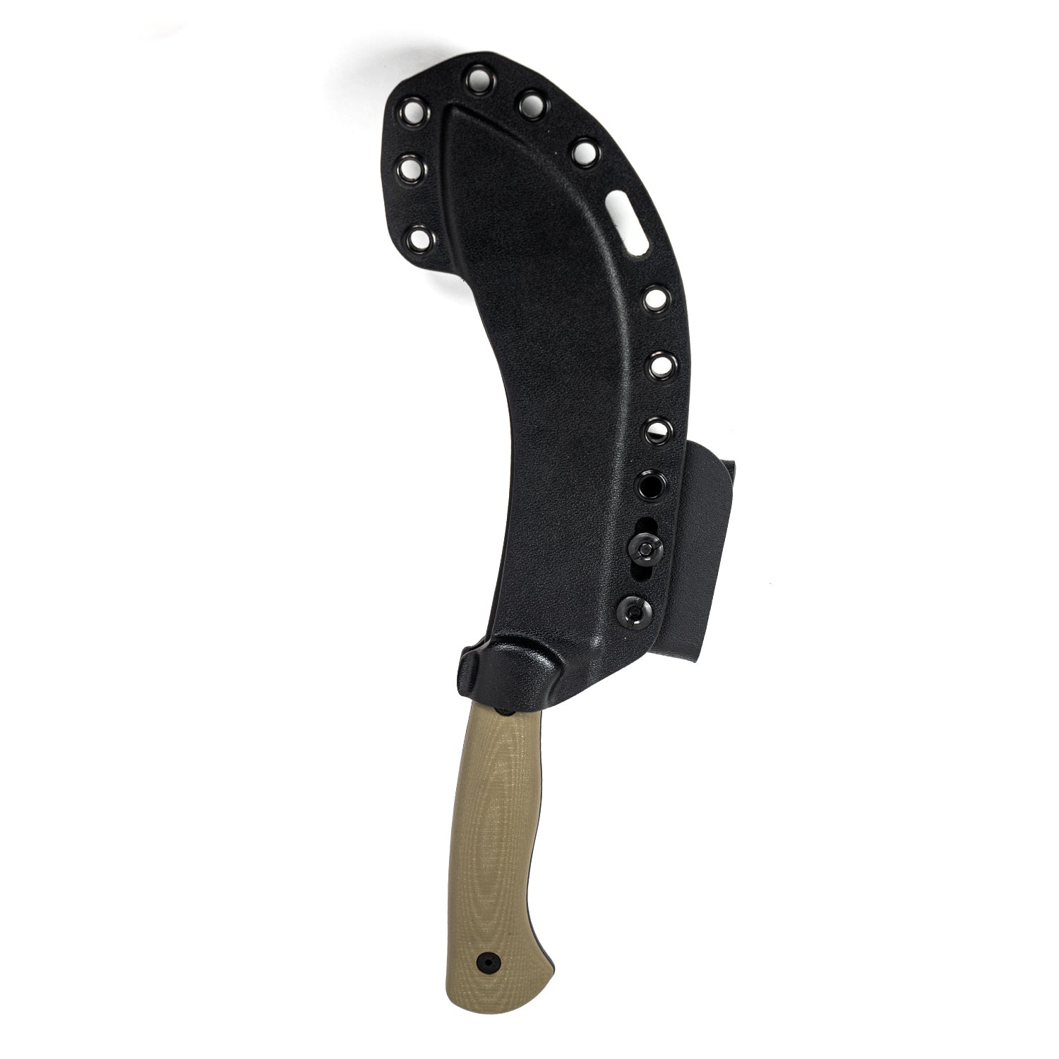Alt text: "Beartooth Pro Skinning Blade with an olive handle, featuring a curved design and a black sheath with multiple rivets for secure attachment, isolated on a white background."