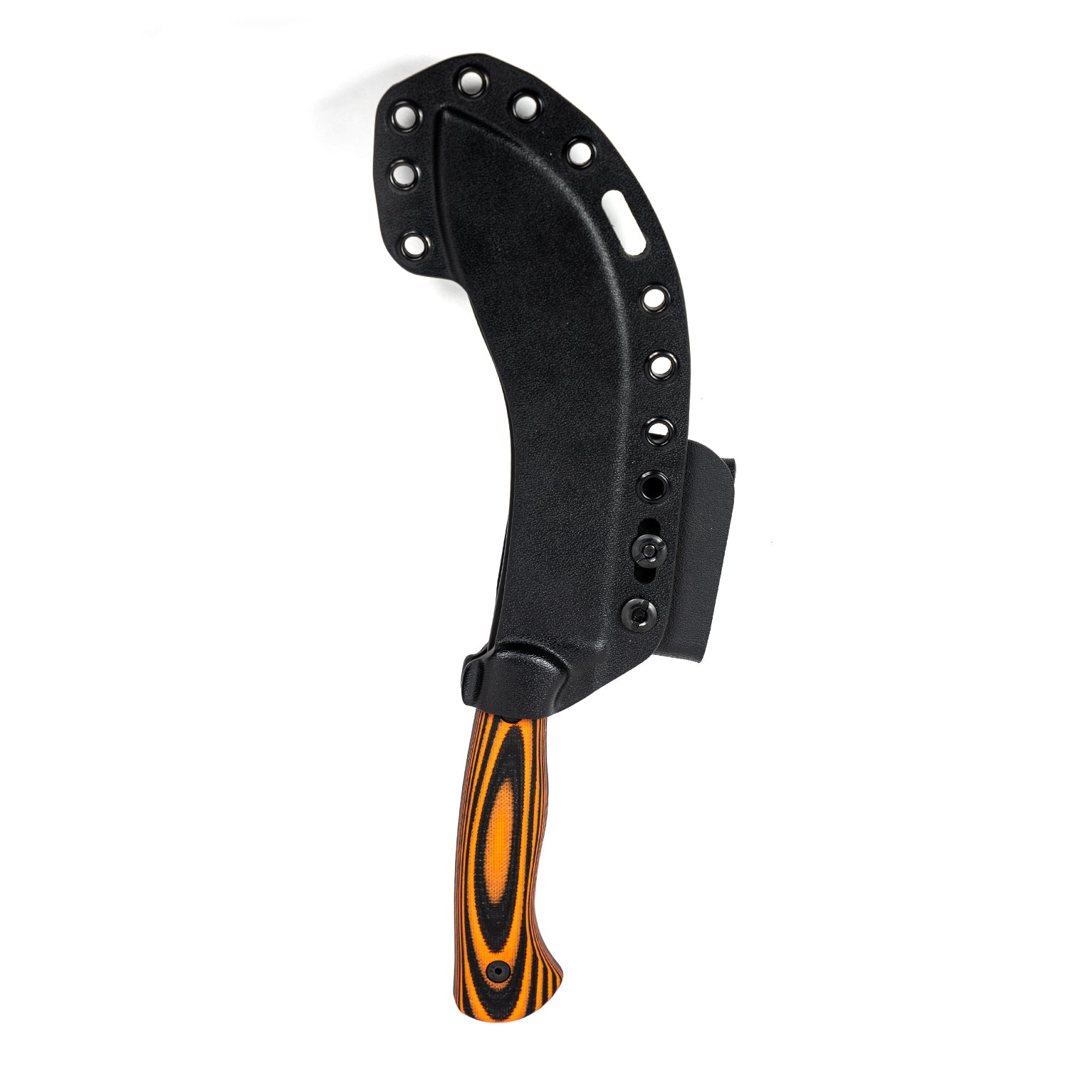 "Beartooth Pro Skinning Blade with a curved design, featuring a black sheath with multiple rivets and an ergonomic handle in orange and black, isolated on a white background."