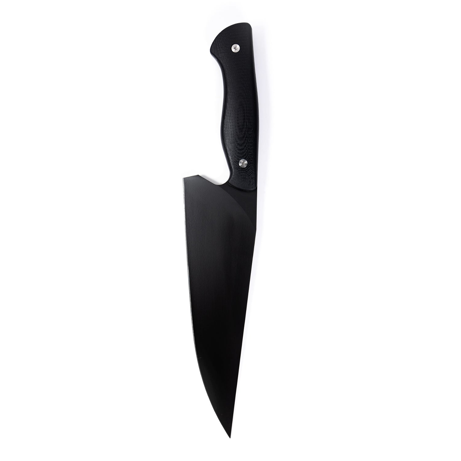 Black Bighorn Chef knife with ergonomic handle mounted on a white background.