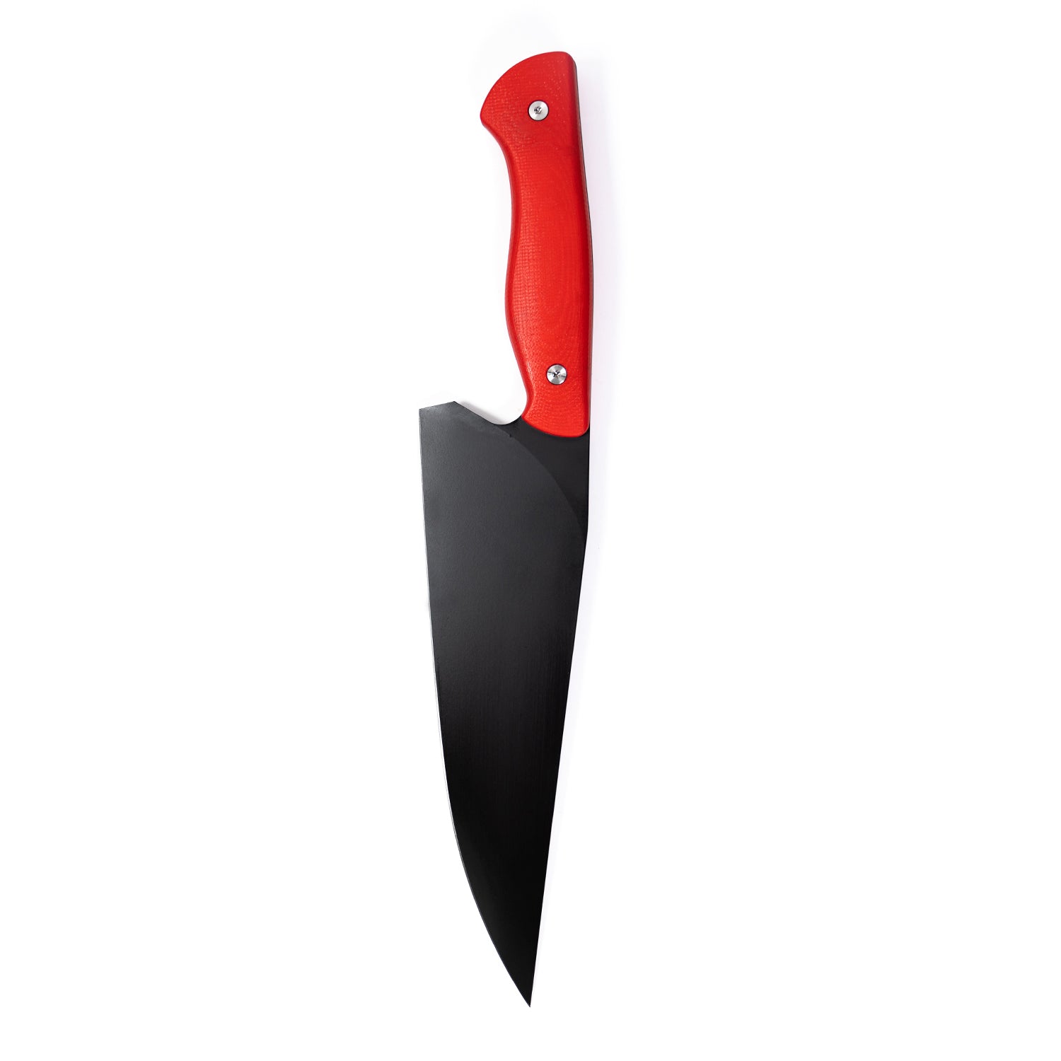 Alt text: "Bighorn Chef red-handled kitchen knife with a sleek, black blade, isolated on a white background, emphasizing the modern design and striking color contrast."