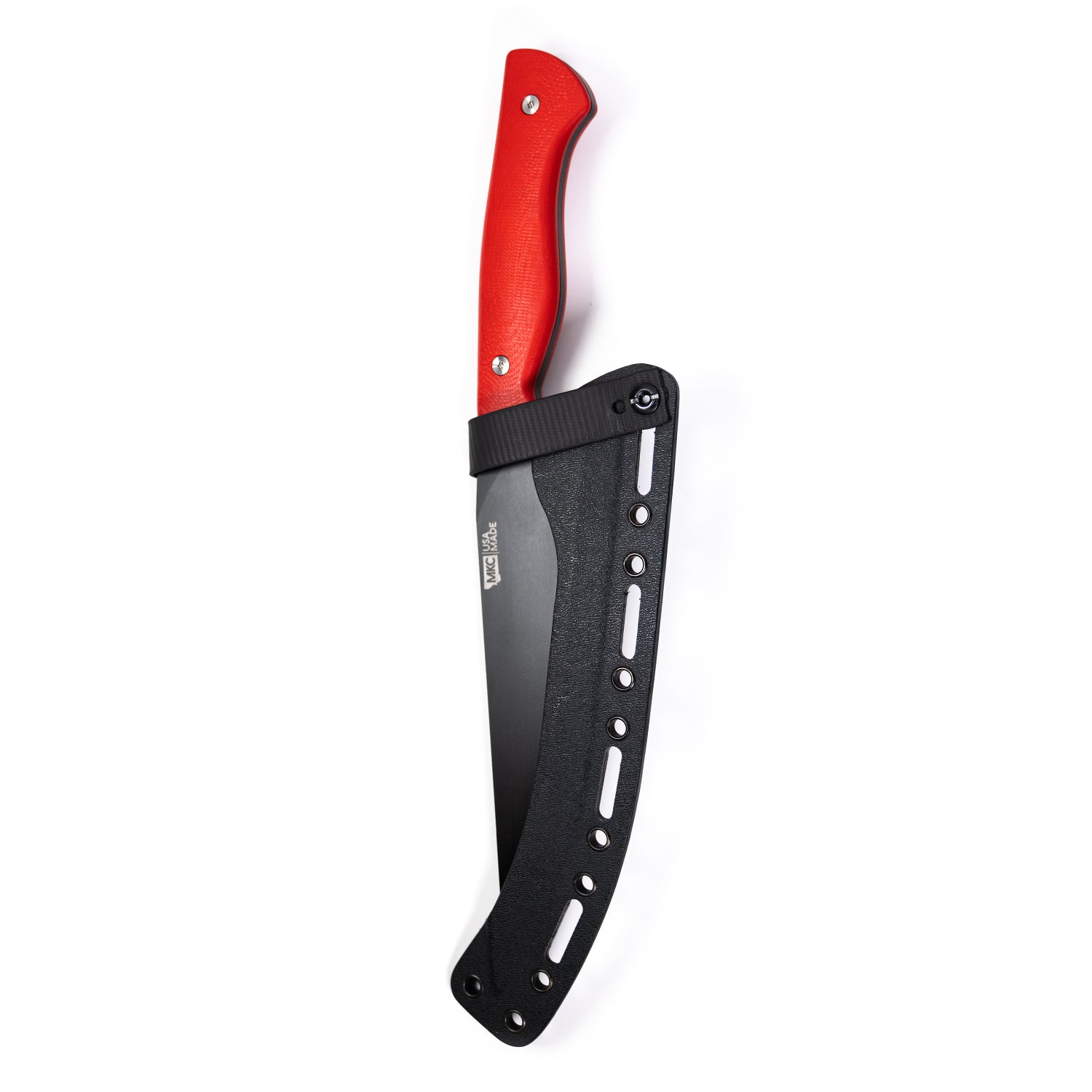 BIGHORN CHEF knife with red handle and sheath featuring multiple slots, displayed against a white background.