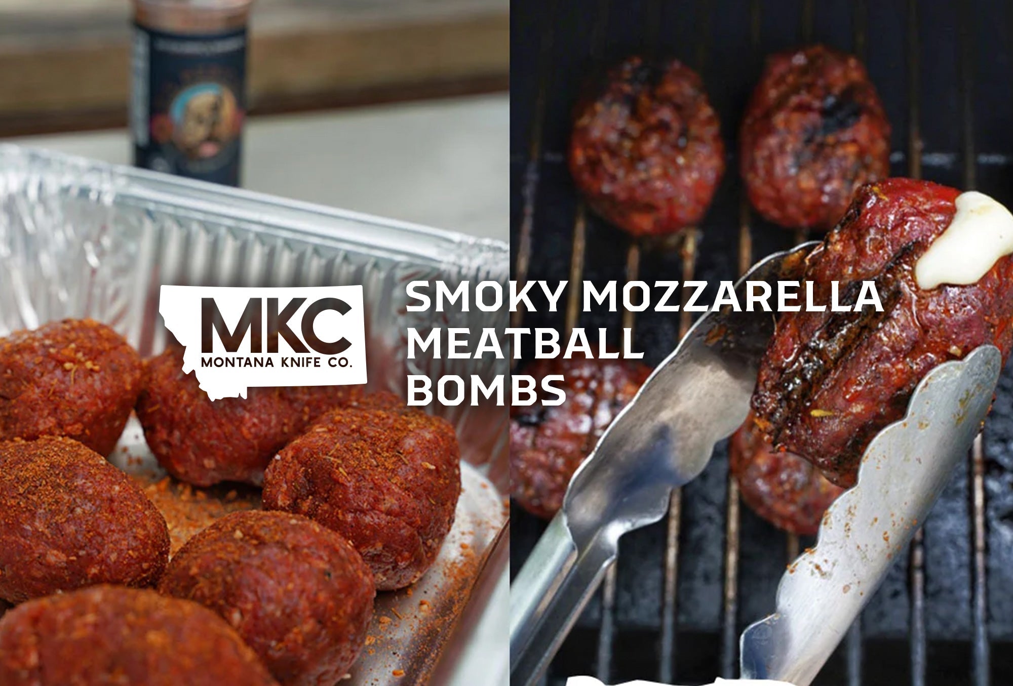 Split image of raw, seasoned mozzarella meatball bombs in pan and grilled batch with one lifted, cheese oozing out.
