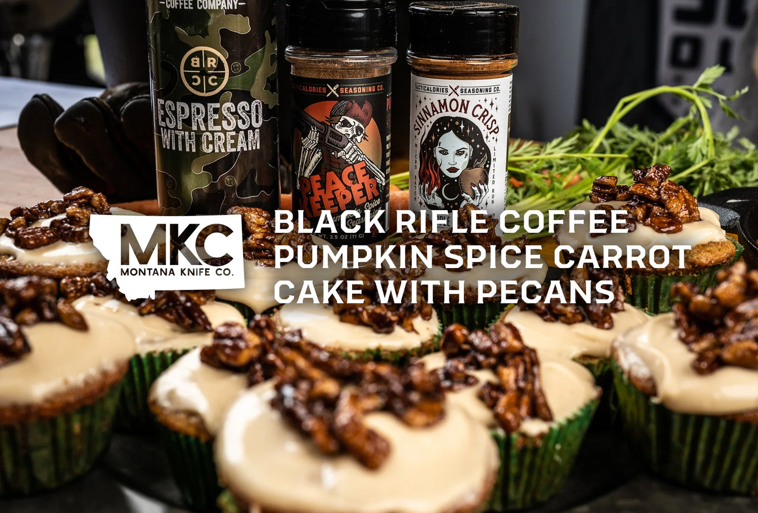 Carrot cake cupcakes with coffee frosting and pecans beside Black Rifle Coffee, pumpkin spice, and apple pie seasoning.