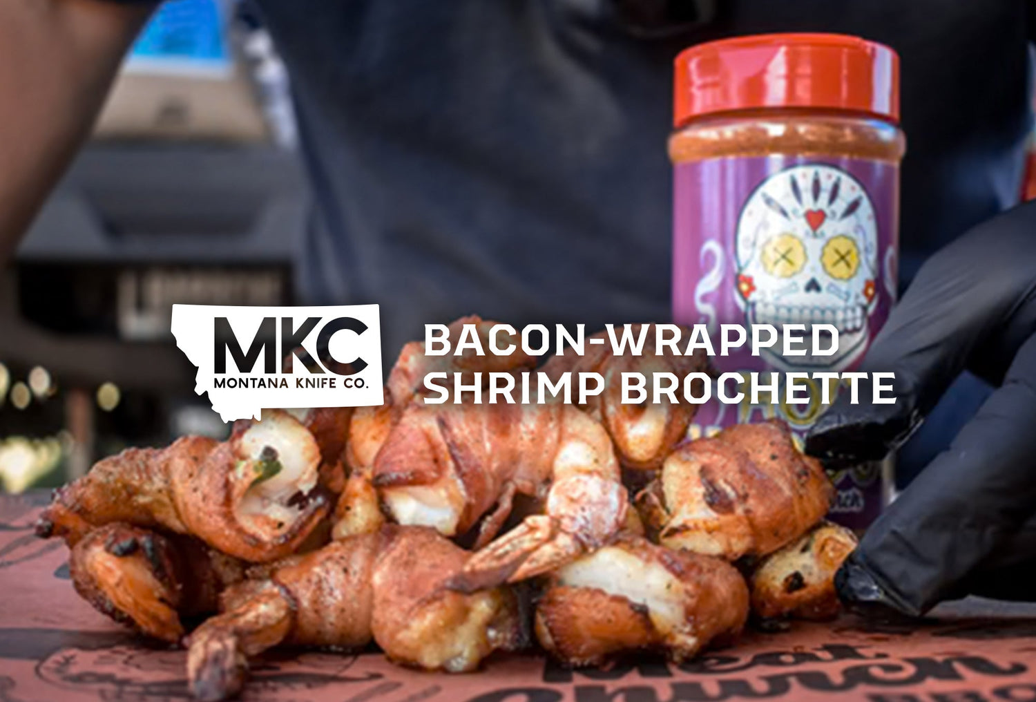 Bacon-wrapped shrimp brochette, stuffed with cheese and jalapeño, ready to serve.