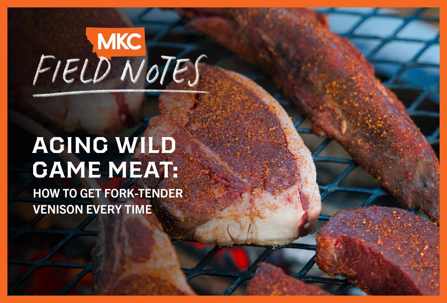 Close-up of seasoned meat on grill grates, ready to cook after the aging meat process.