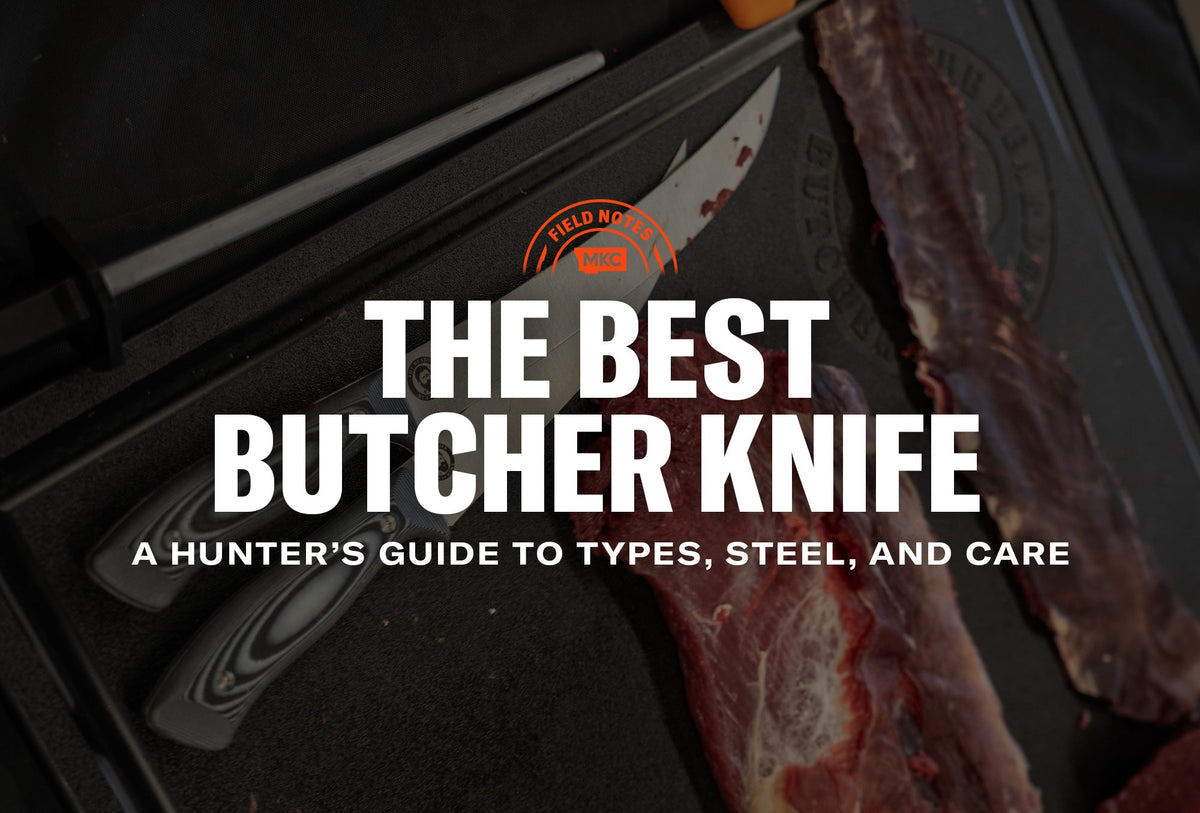 Two butcher knives on a cutting surface beside raw meat, with overlaid text about choosing the best butcher knife.