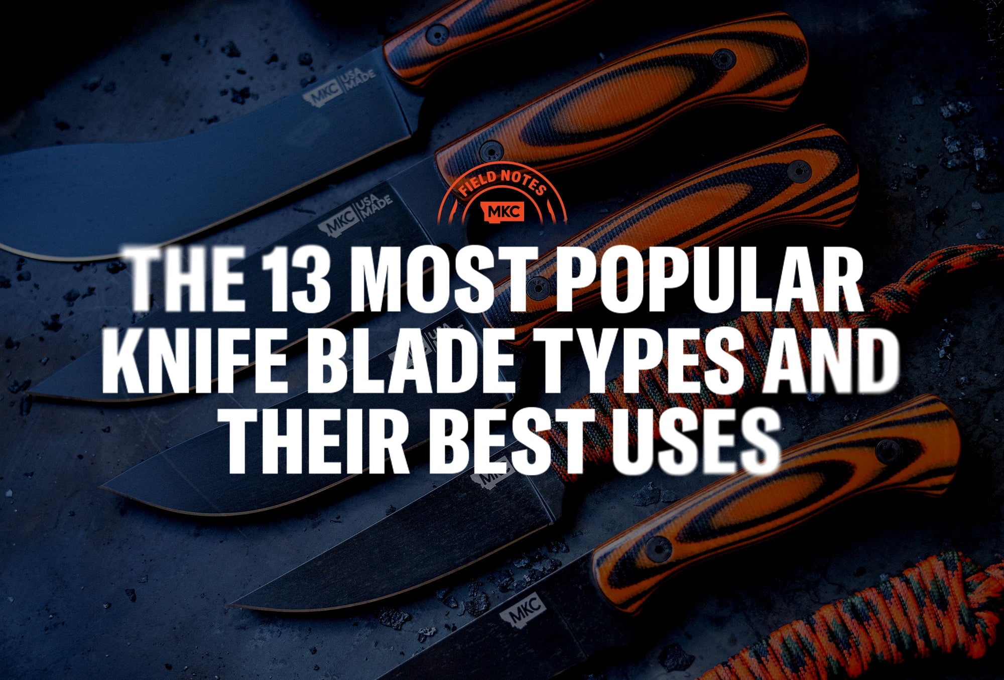 Multiple MKC knives with black blades and orange handles on a dark surface, illustrating different knife blade types.