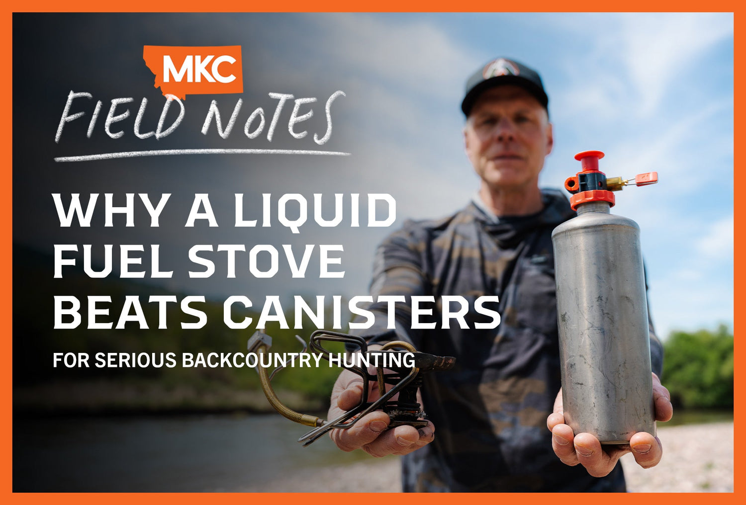 A man outdoors holds a liquid fuel stove and metal fuel bottle toward the camera.