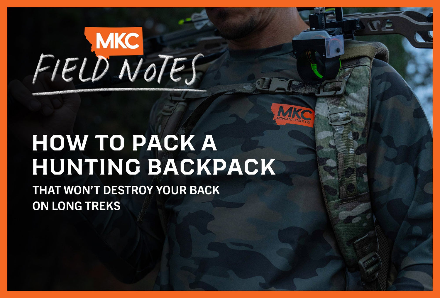 Hunter in camouflage with MKC hunting backpack and compound bow.