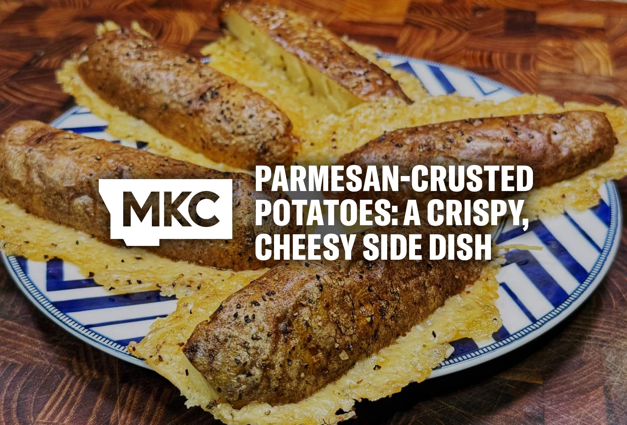Parmesan-crusted potatoes with golden, crispy cheese bottoms on a patterned plate, seasoned and ready to serve.