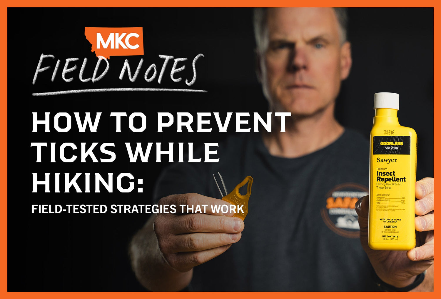 Man holding insect repellent and tick removal tools, showcasing how to prevent ticks while hiking with proven strategies.